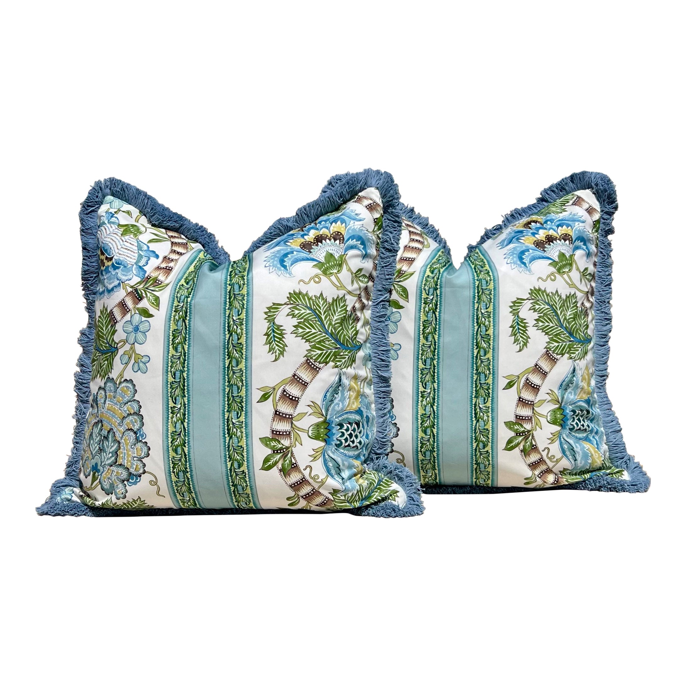 Brunschwig and Fills Lauris Pillow in Aqua and Green with Blue Brush Trim.