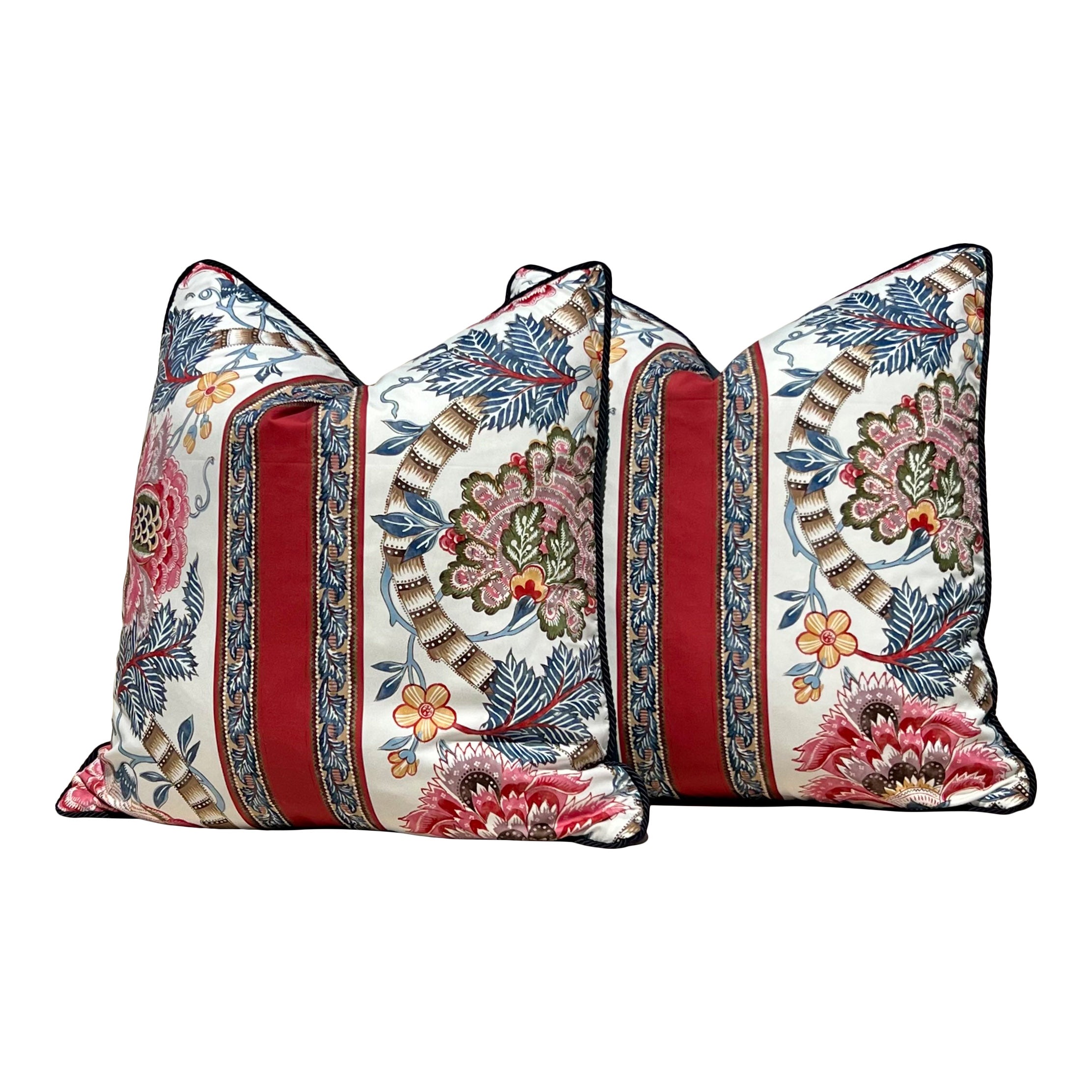 Brunschwig and Fills Lauris Pillow in Red and Blue with Twisted Cord Trim