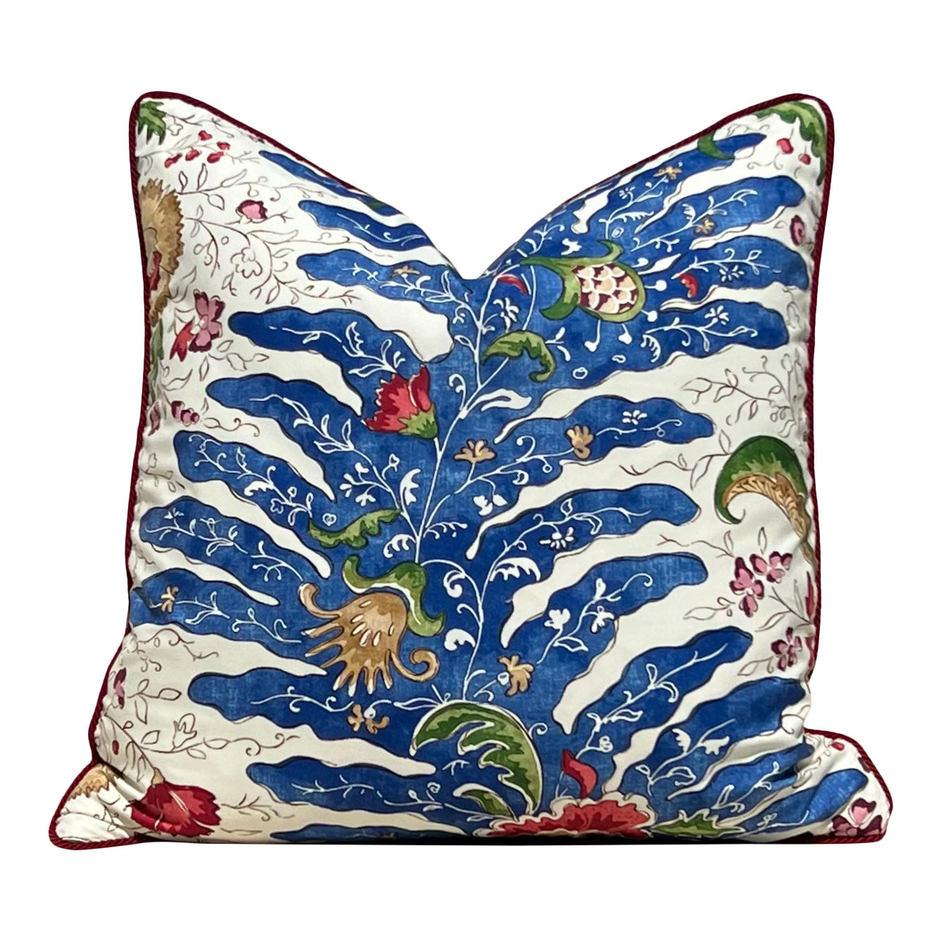 Brunschwig and Fills Riviere Pillow in Red and Blue with Red Twisted Cord Trim.