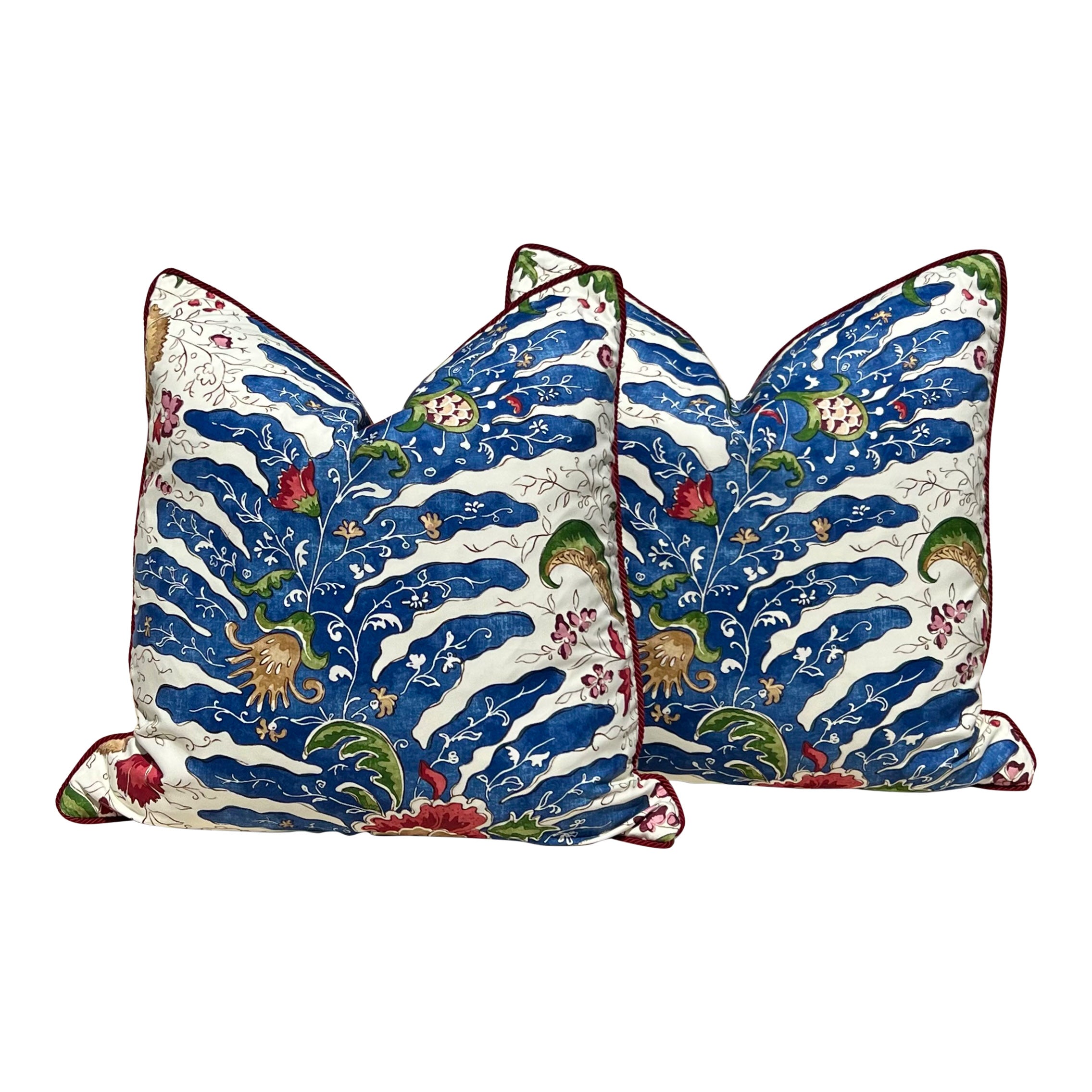 Brunschwig and Fills Riviere Pillow in Red and Blue with Red Twisted Cord Trim.