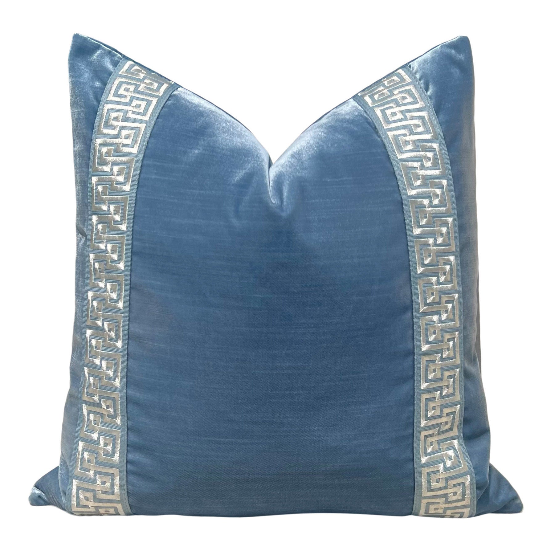 Designer Velvet Pillow in Blue with Greek Key Tape.