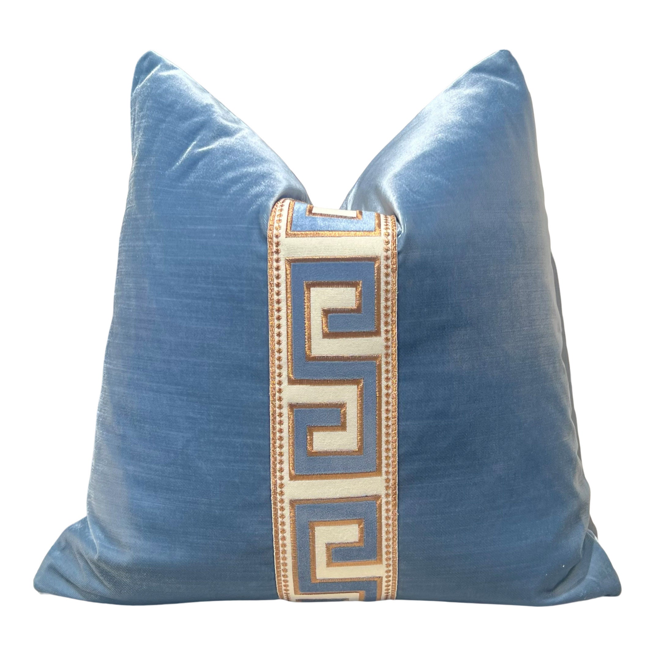 Designer Greek Key Velvet Pillow in Luminous Blue.