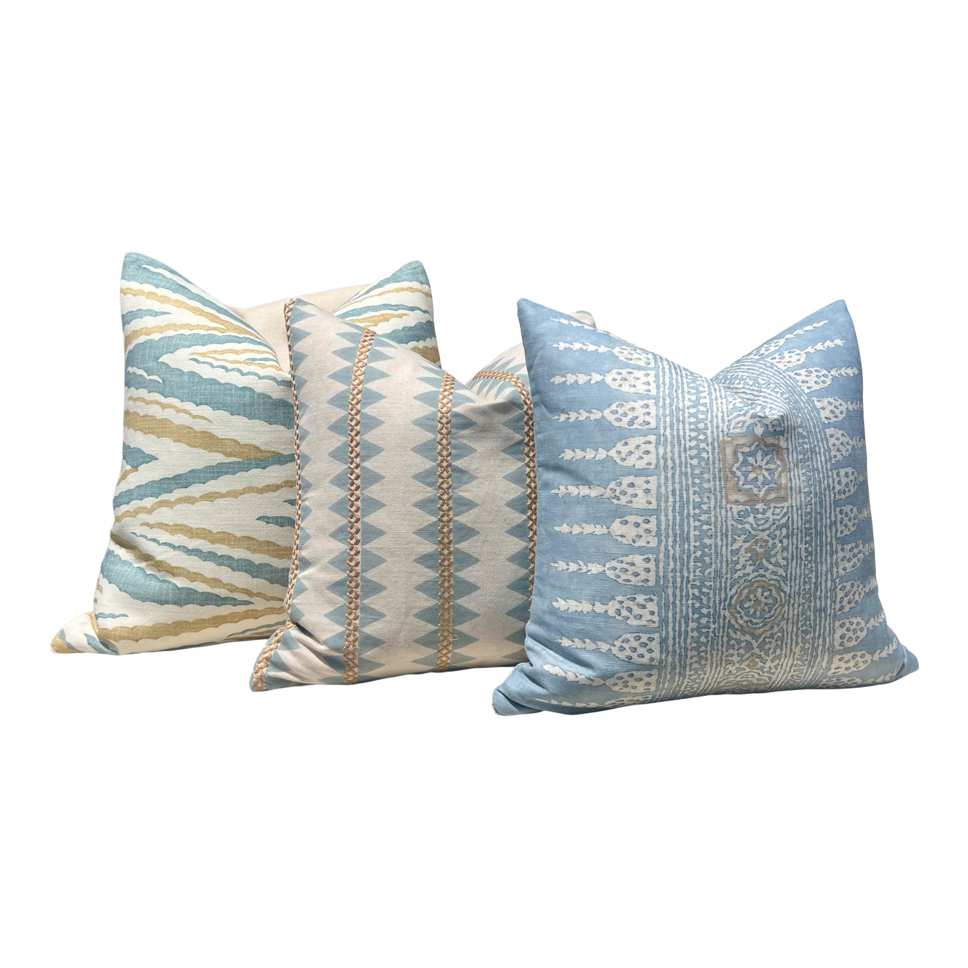 Thibaut Javanese Stripe Pillow Cover in Aqua Blue and Beige.