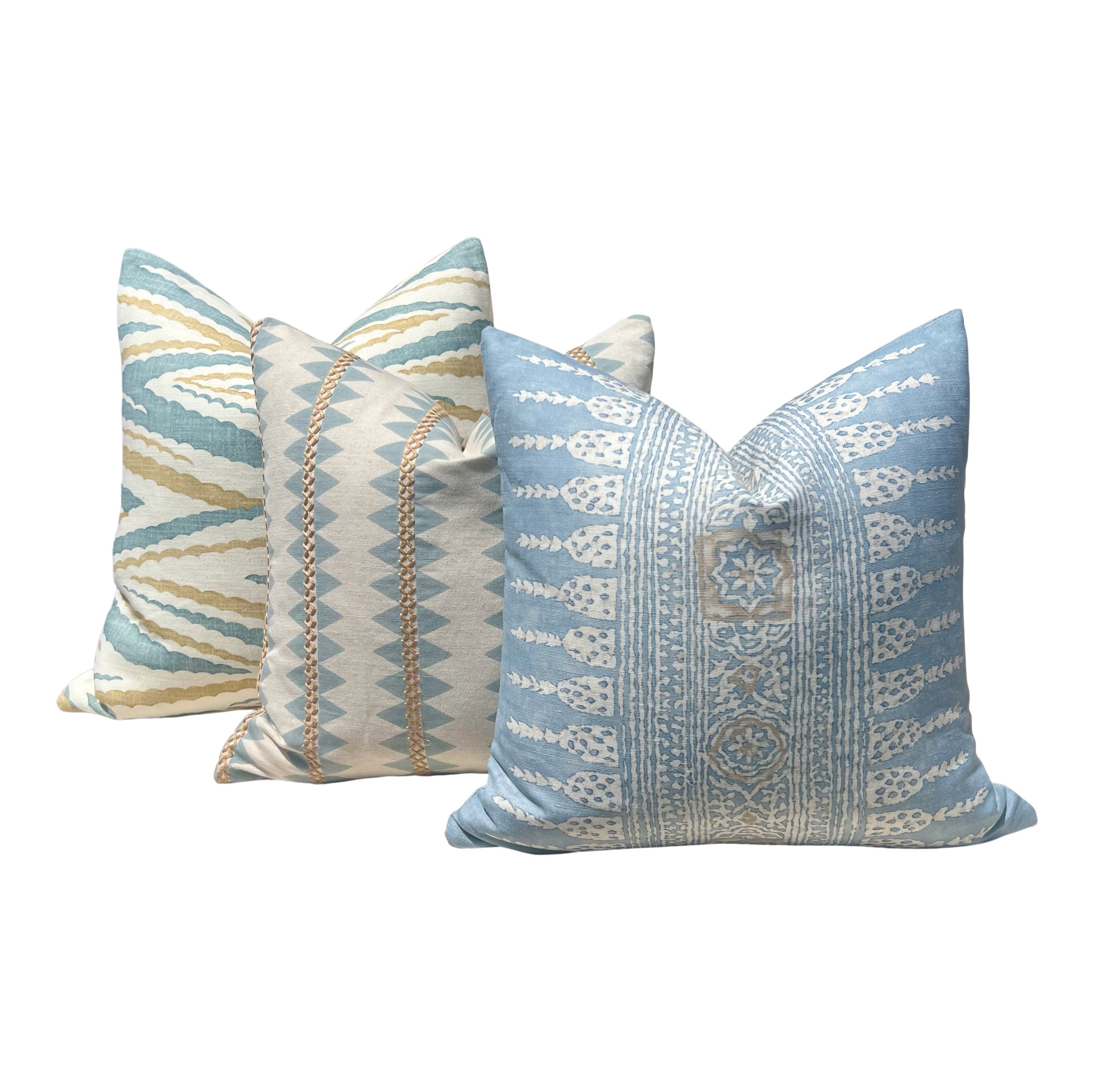 Thibaut Javanese Stripe Pillow Cover in Aqua Blue and Beige.