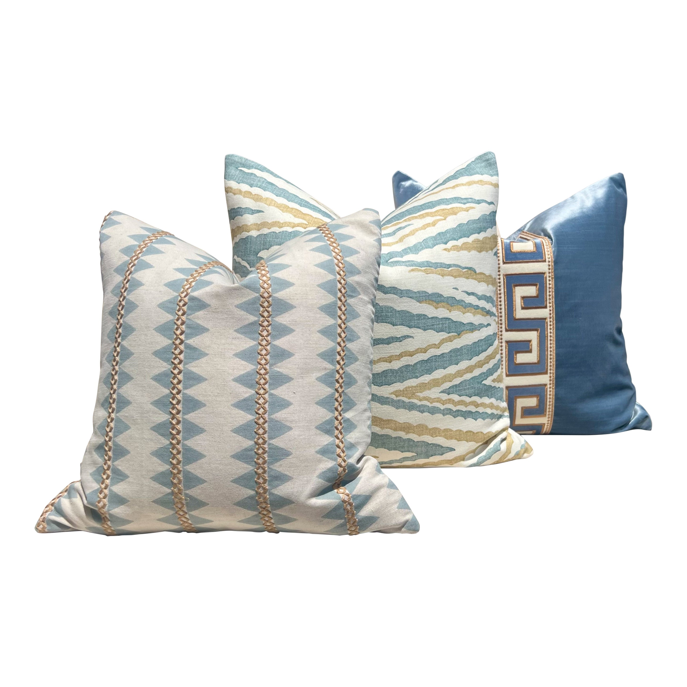 Designer Greek Key Velvet Pillow in Luminous Blue.