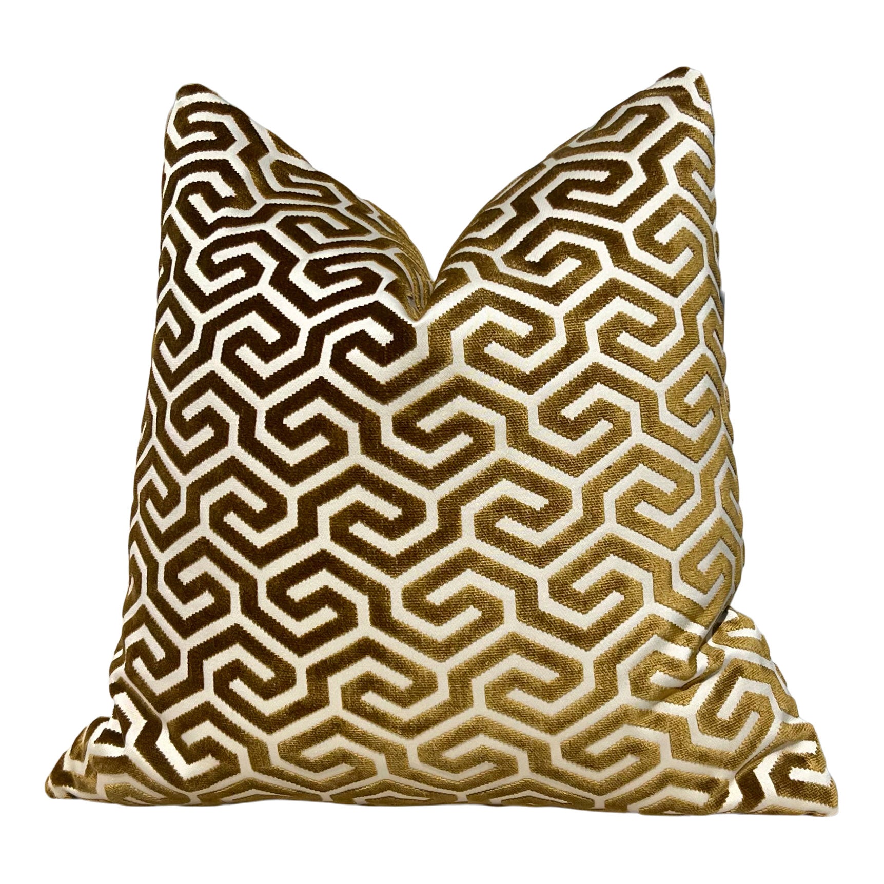 Schumacher Ming Fret Velvet Pillow in Bronze