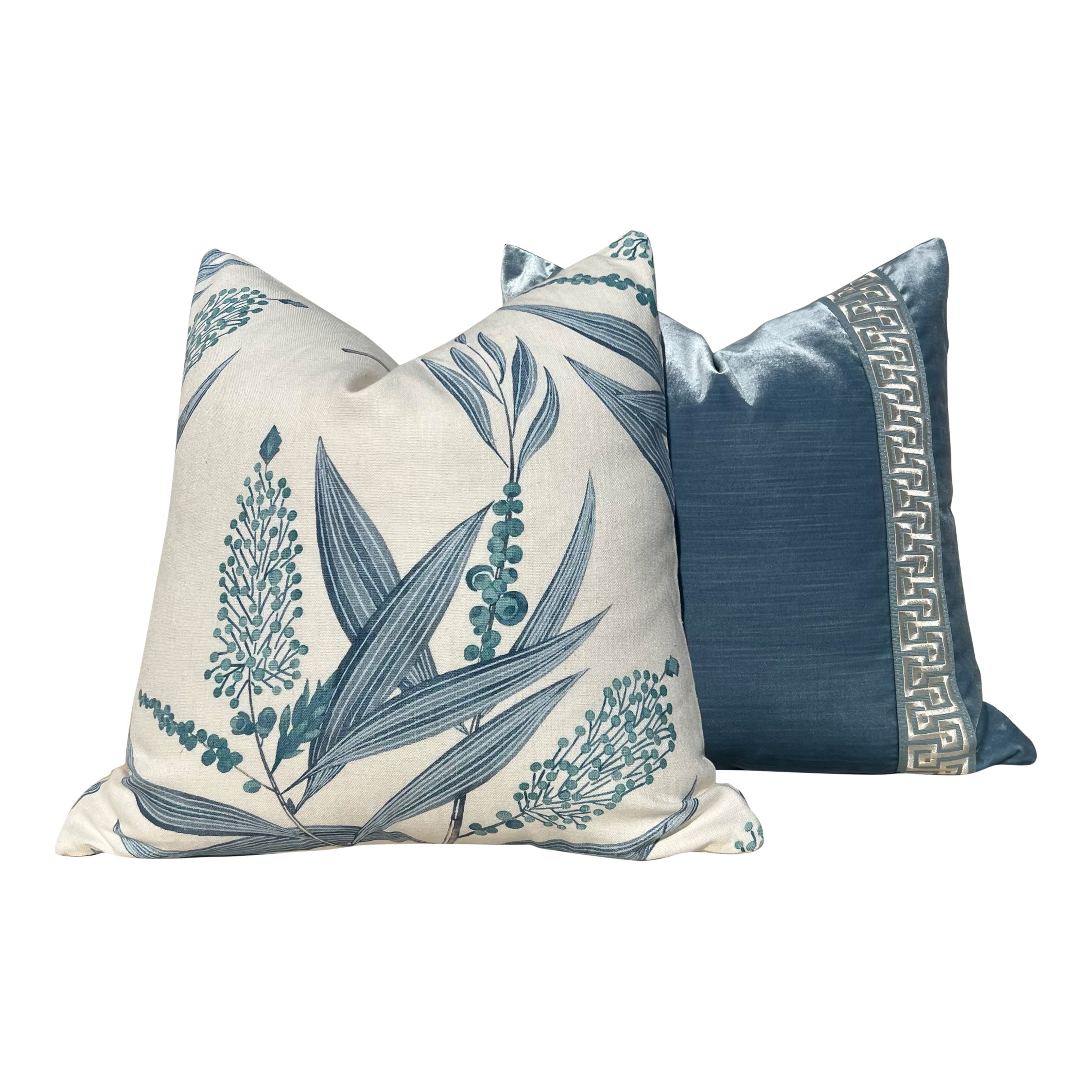 Designer Velvet Pillow in Blue with Greek Key Tape.