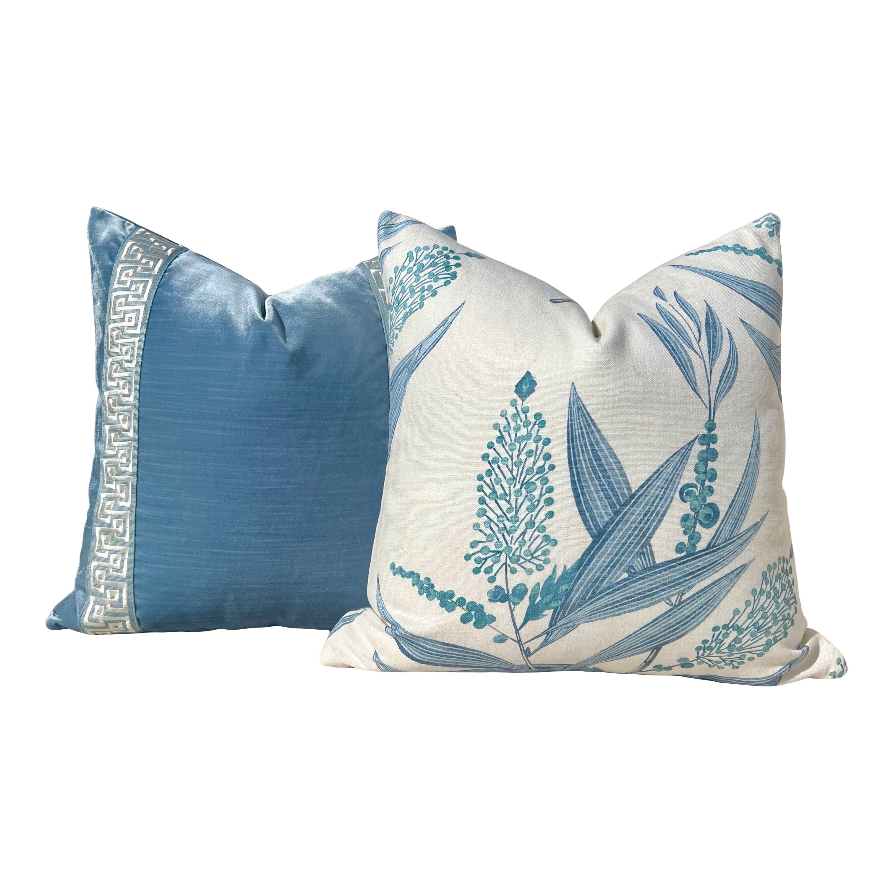 Designer Velvet Pillow in Blue with Greek Key Tape.