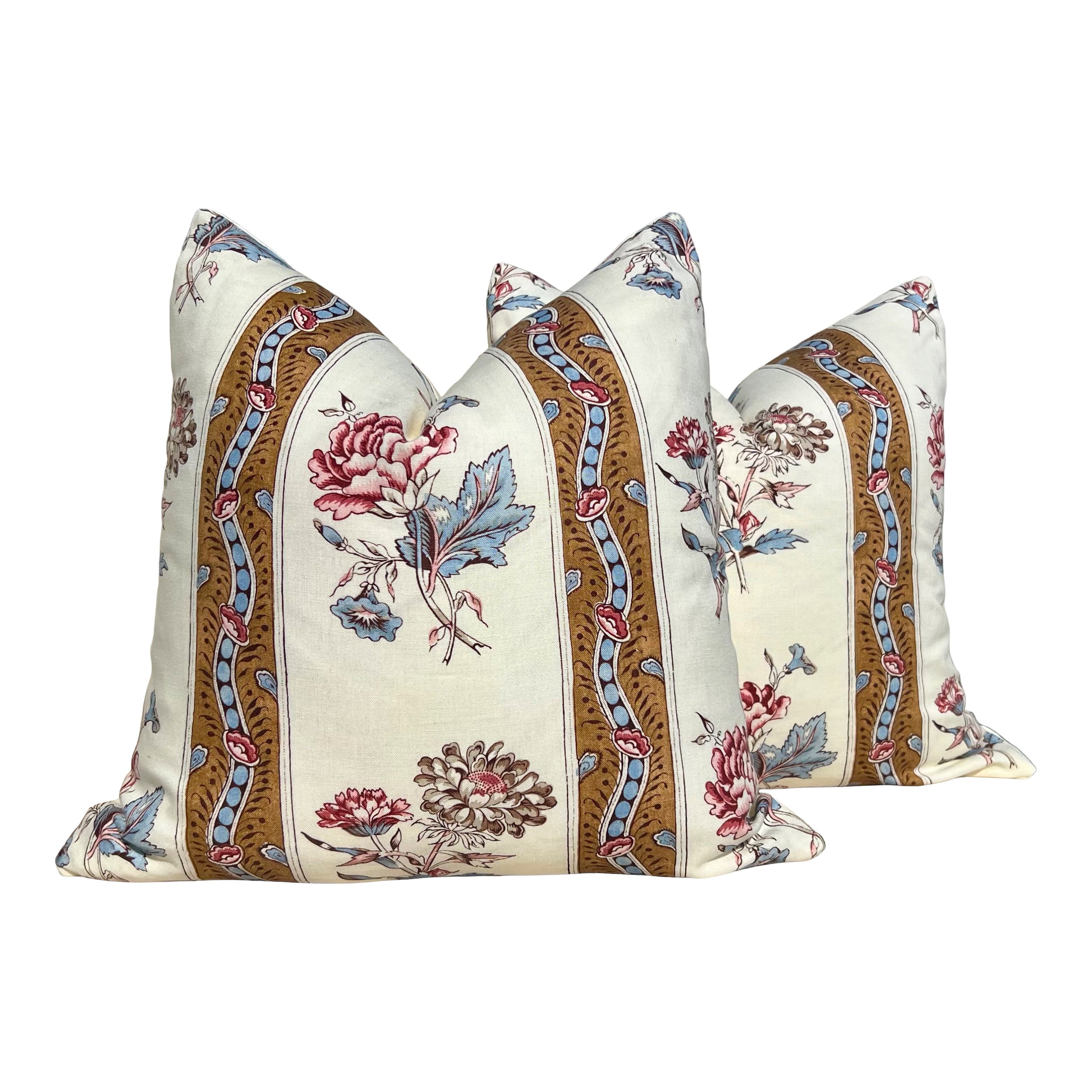 Schumacher Ariana Floral Stripe Linen Pillow in Document