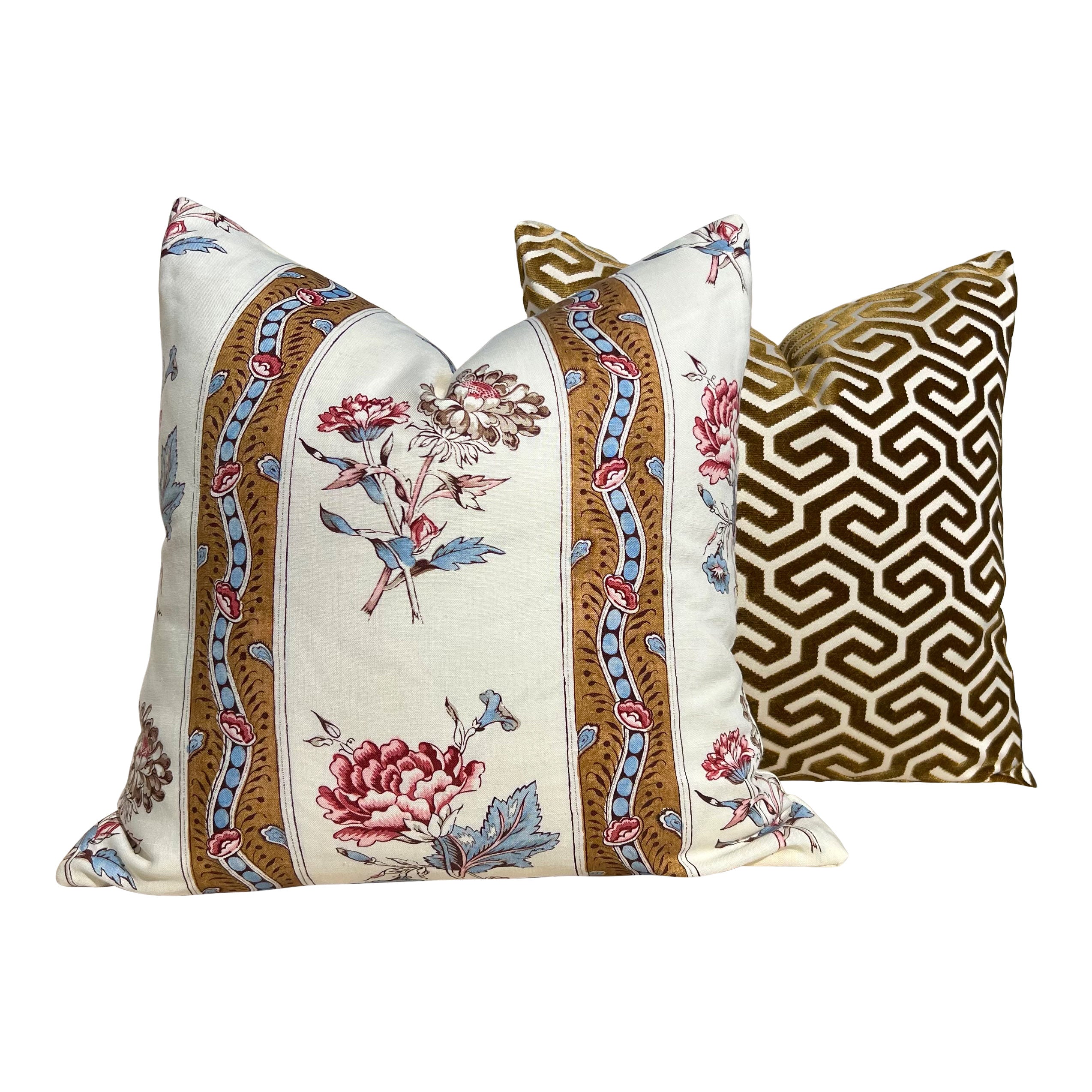 Schumacher Ariana Floral Stripe Linen Pillow in Document