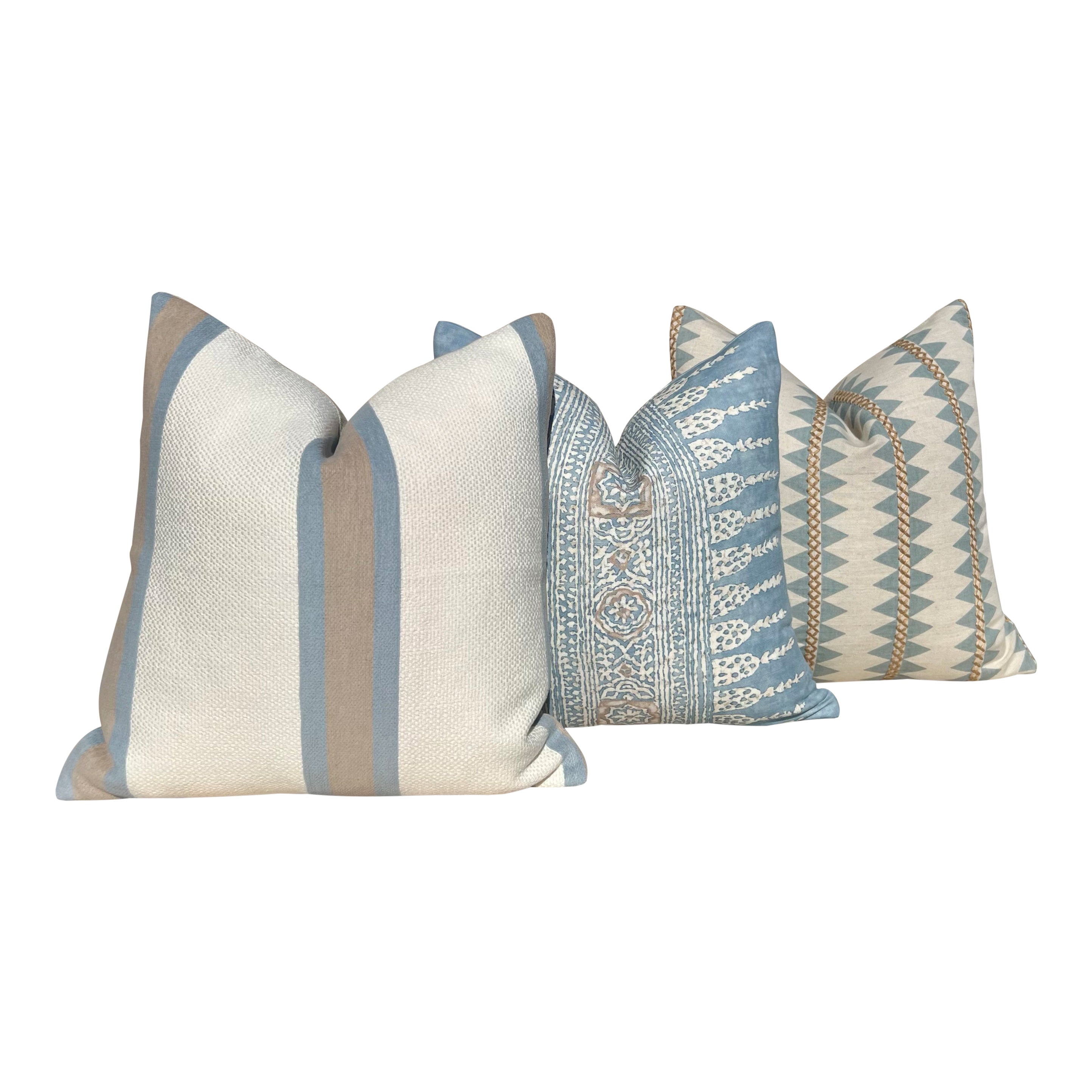 Thibaut Reno Stripe Embroidered Pillow in Spa Blue and Gold