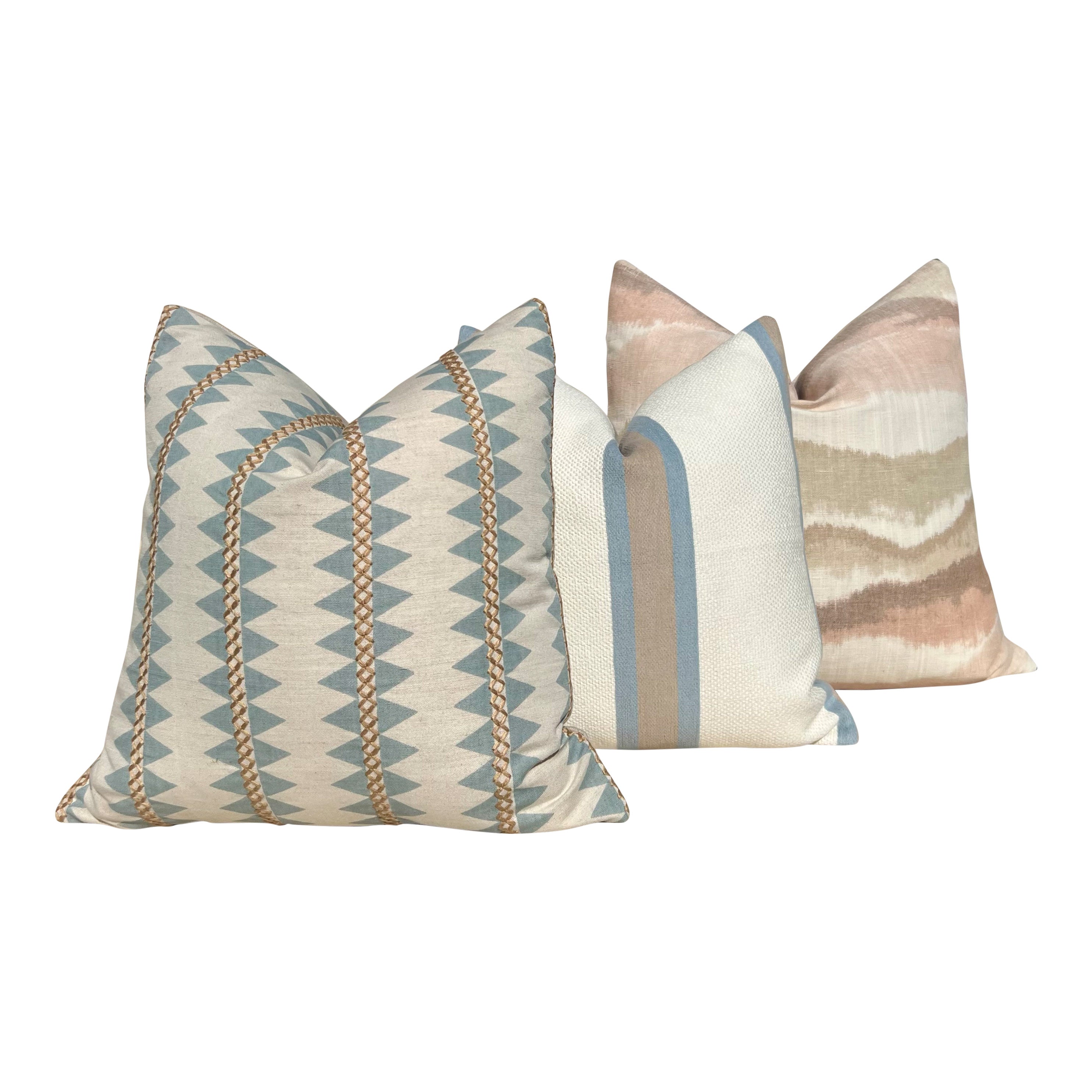 Thibaut Reno Stripe Embroidered Pillow in Spa Blue and Gold