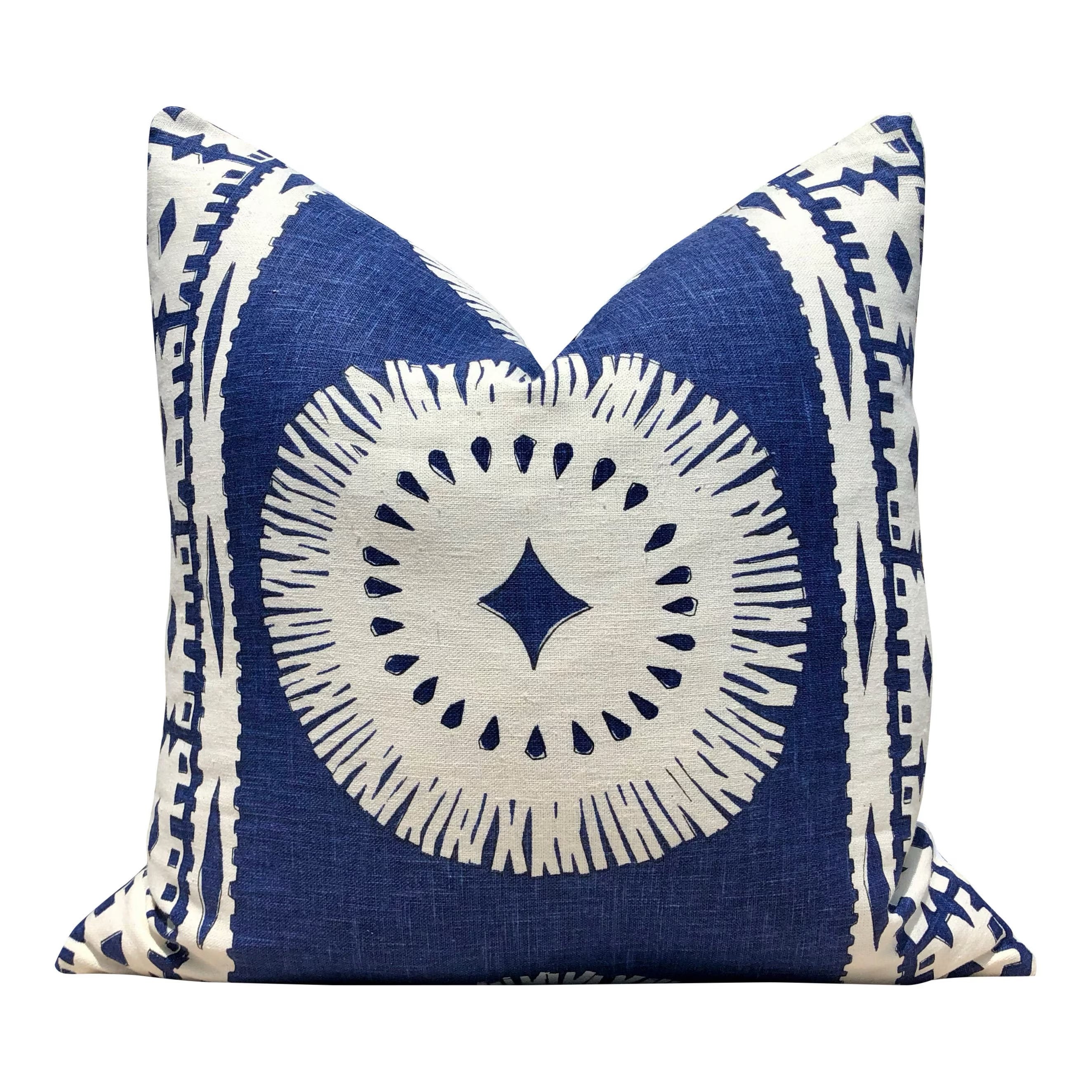 Schumacher Bora Bora Pillow in Blue and Cream.