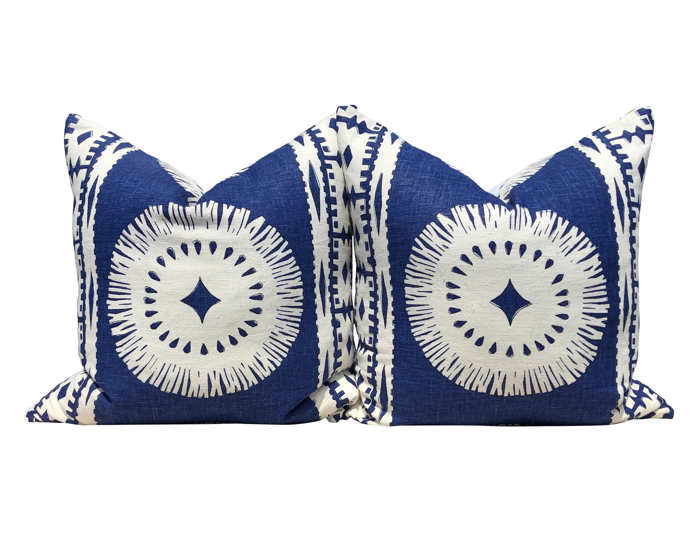 Schumacher Bora Bora Pillow in Blue and Cream.