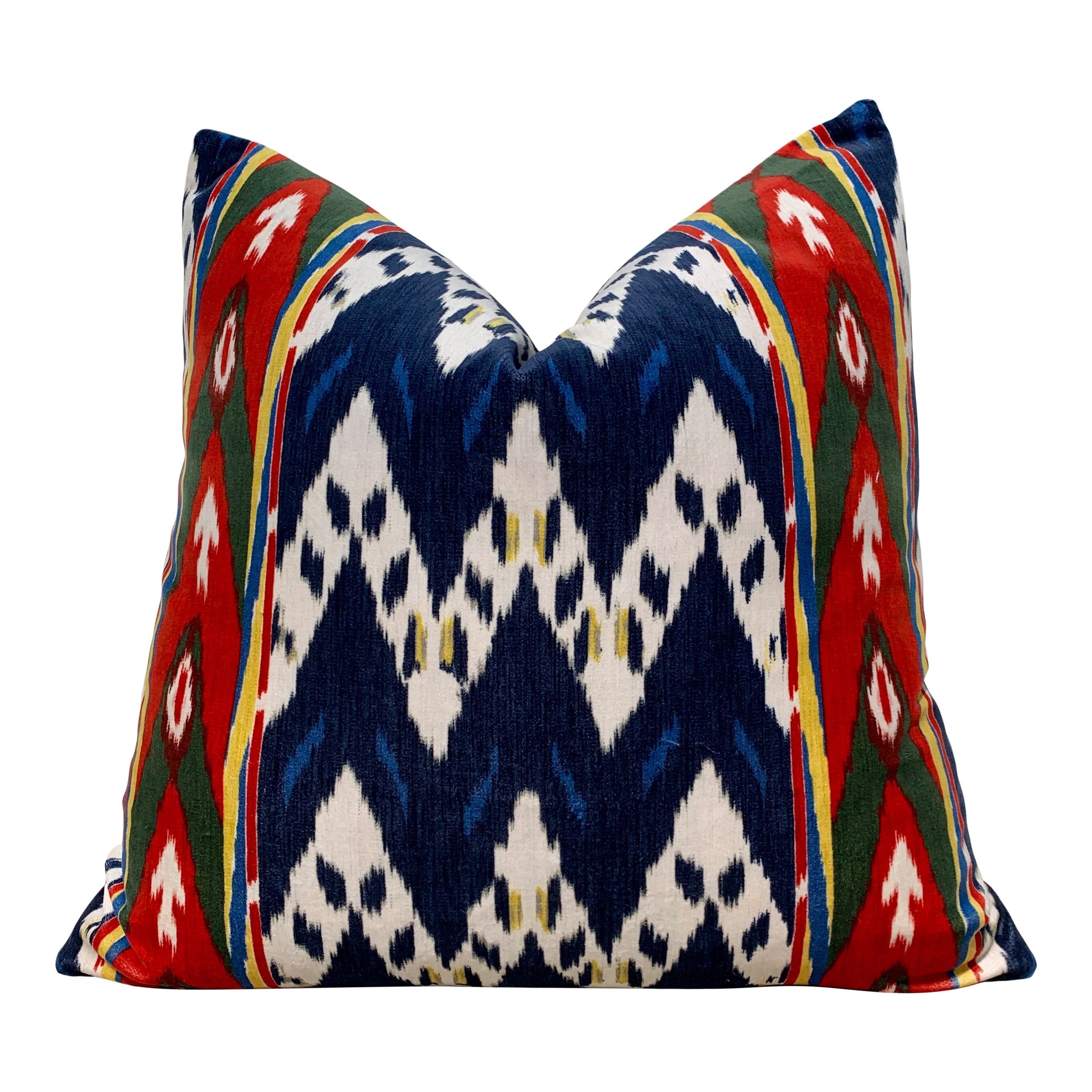 Schumacher Samar Ikat Velvet Pillow- Blue,Red