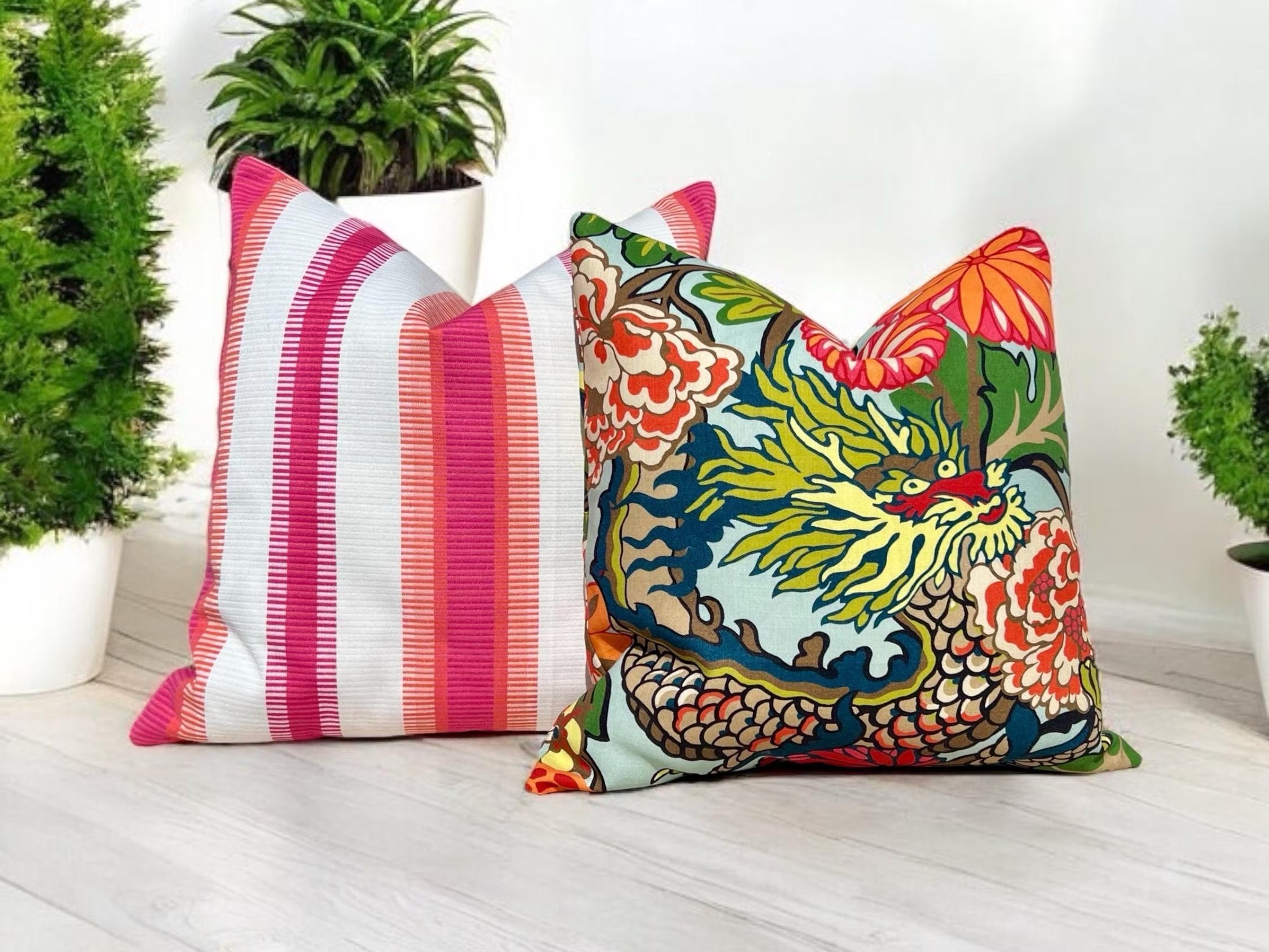 Schumacher Outdoor Chiang Mai Dragon Pillow in Aquamarine.