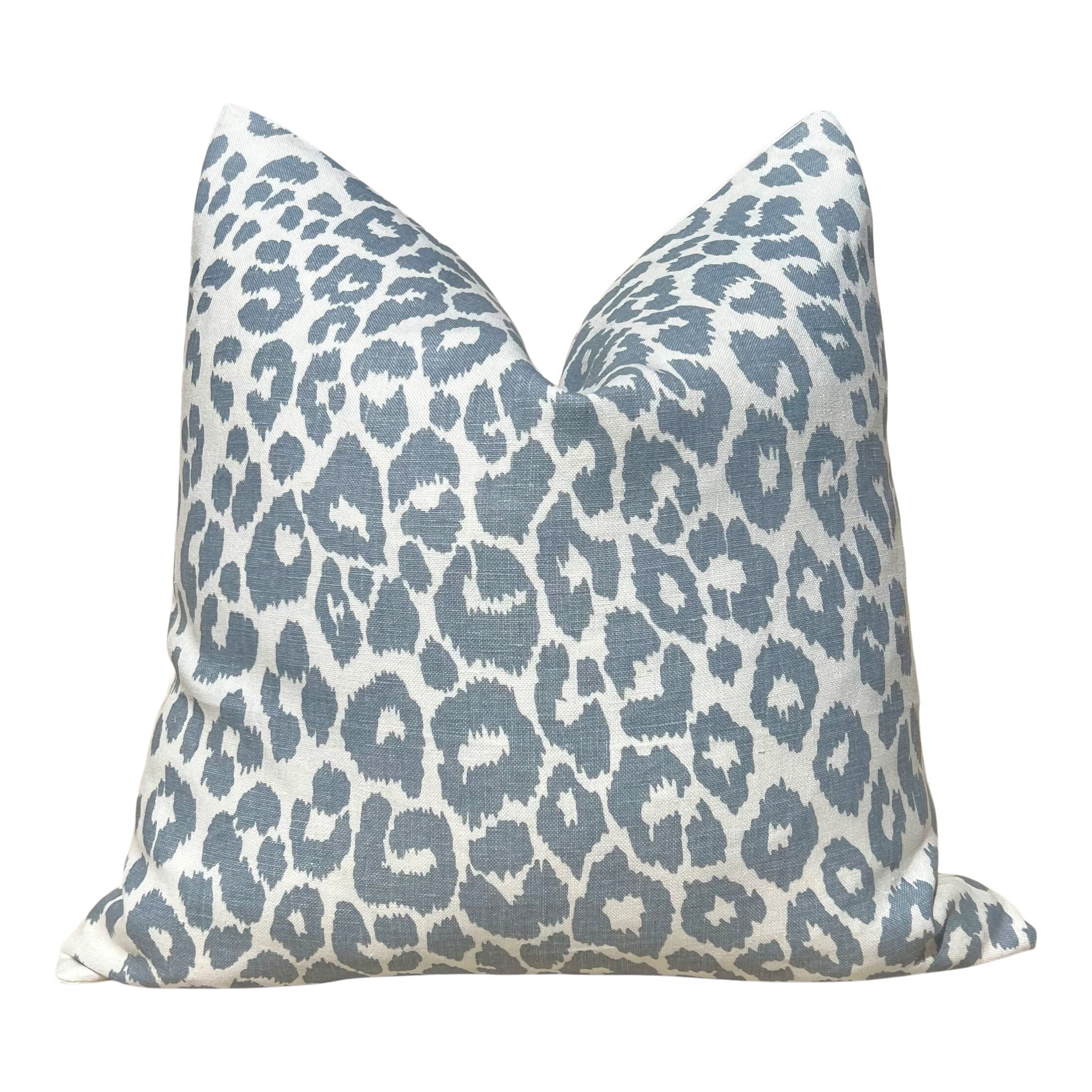 Schumacher Indoor/Outdoor Iconic Leopard Pillow in Sky Blue.