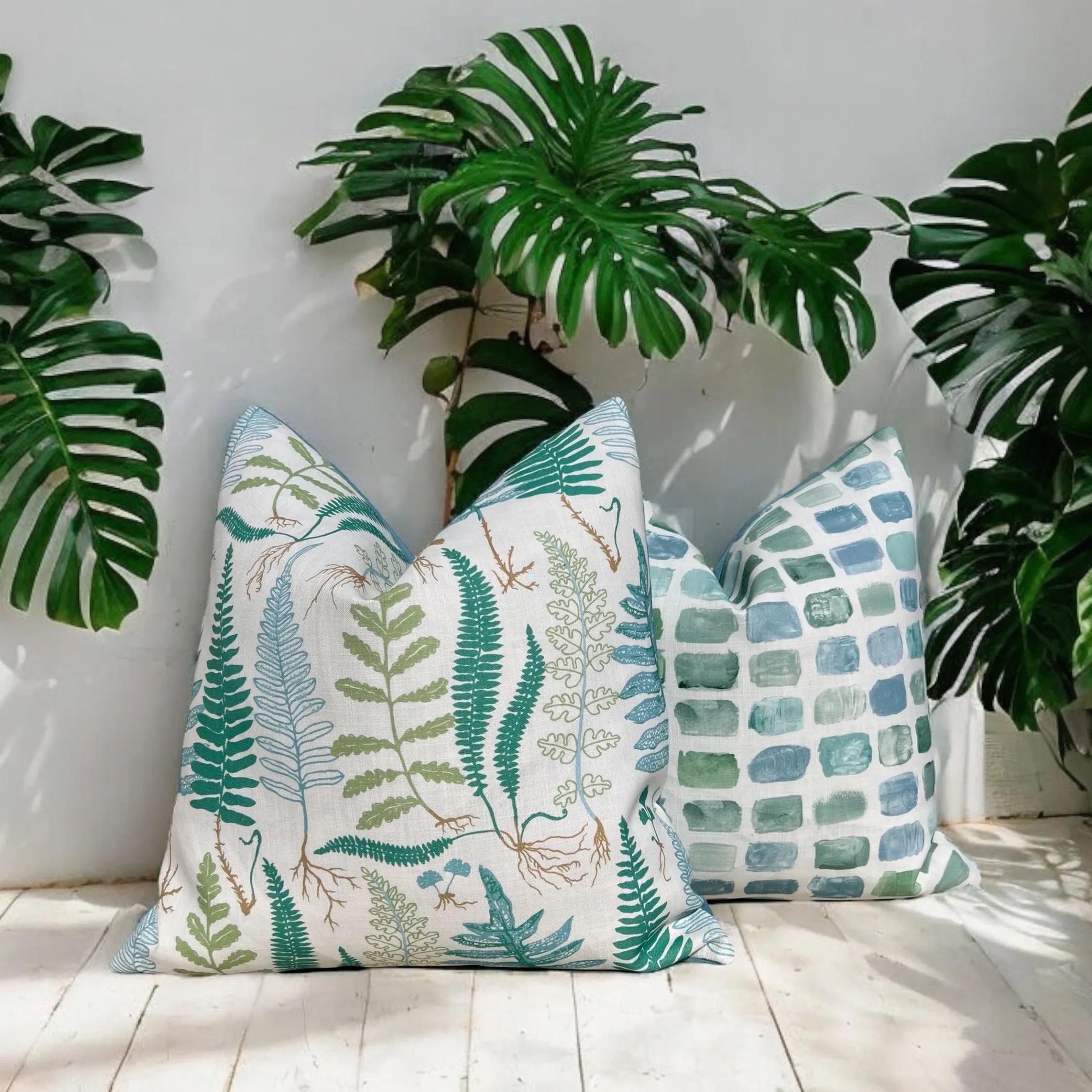 Schumacher Halcott Outdoor Decorative Pillows in Aqua.