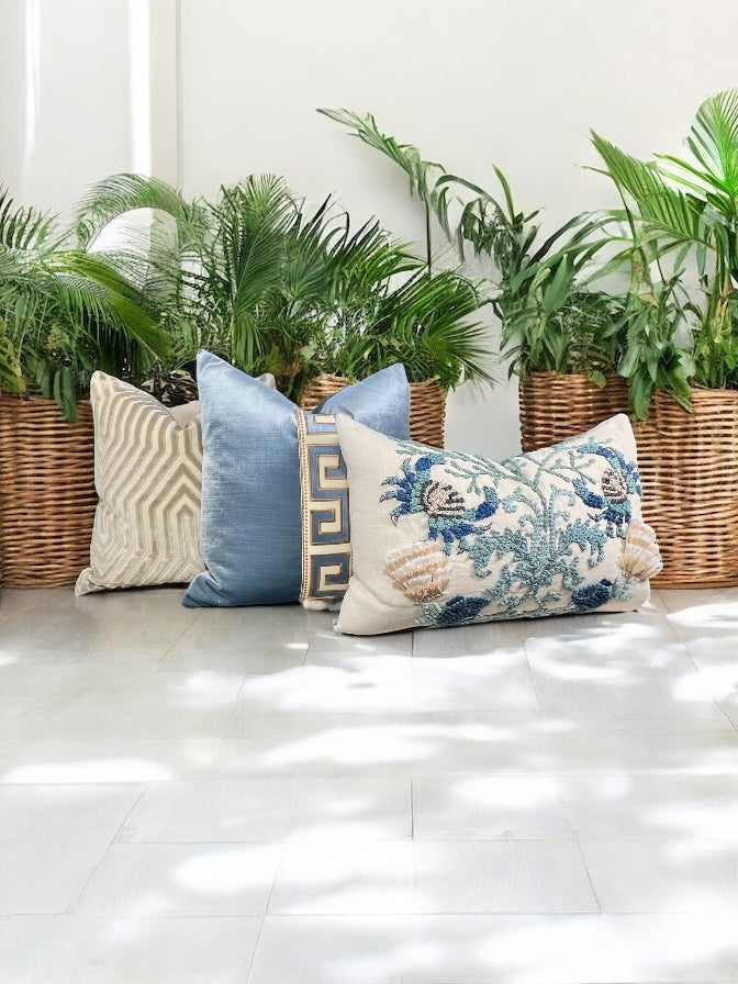 Designer Greek Key Velvet Pillow in Luminous Blue.