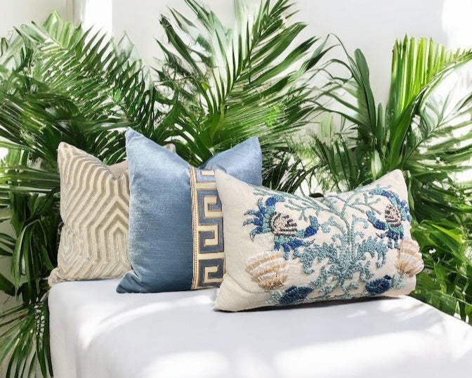 Designer Greek Key Velvet Pillow in Luminous Blue.