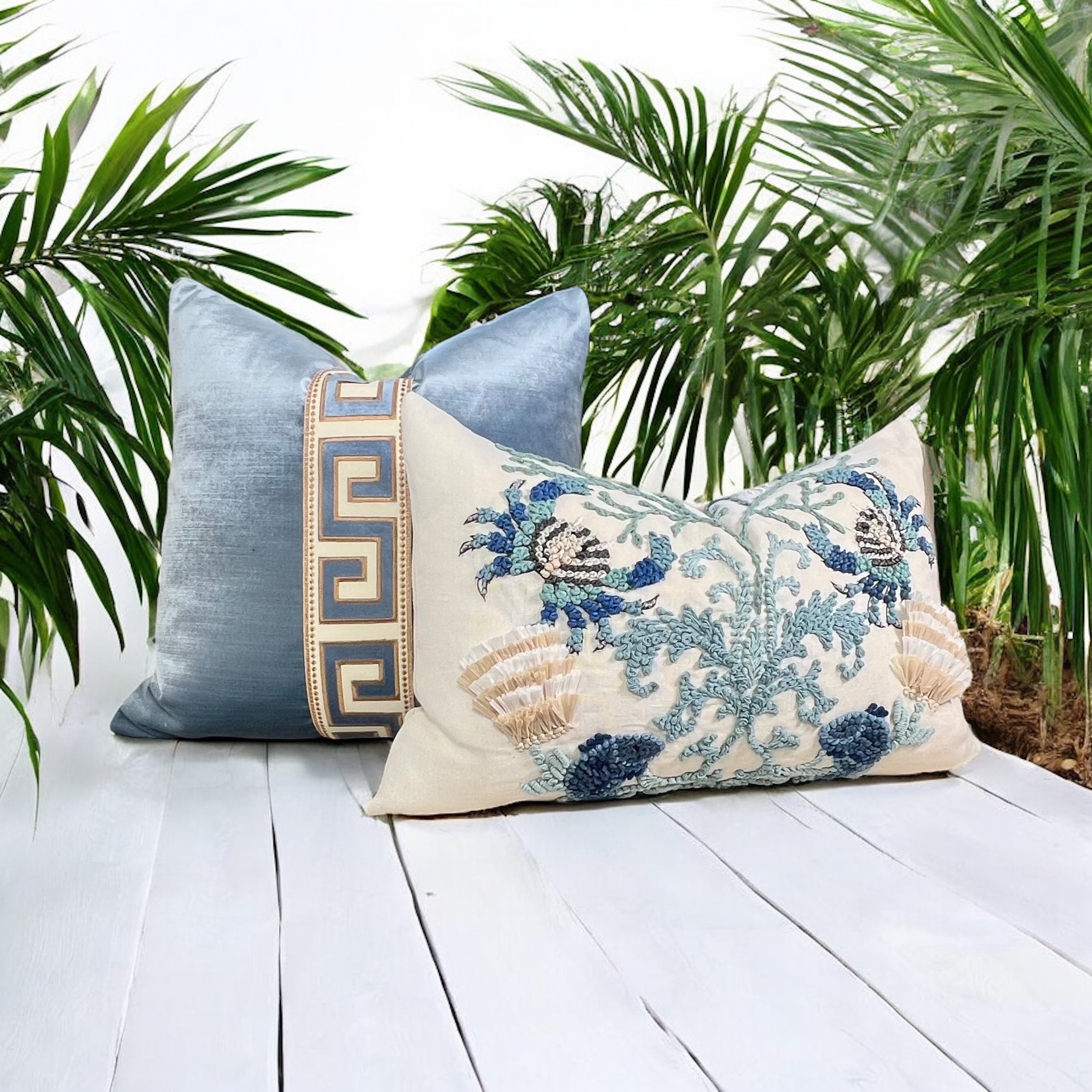 Designer Greek Key Velvet Pillow in Luminous Blue.