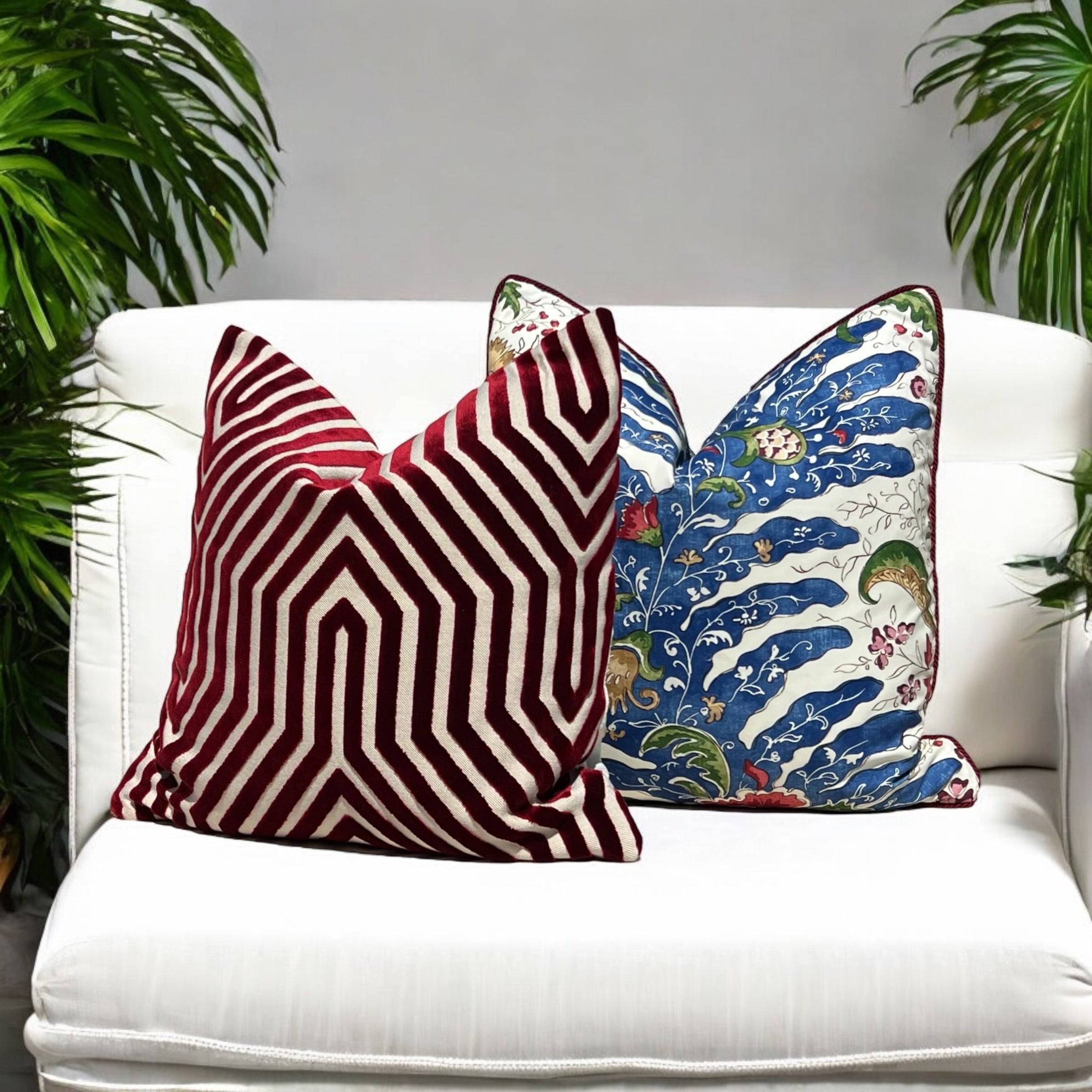 Brunschwig and Fills Riviere Pillow in Red and Blue with Red Twisted Cord Trim.