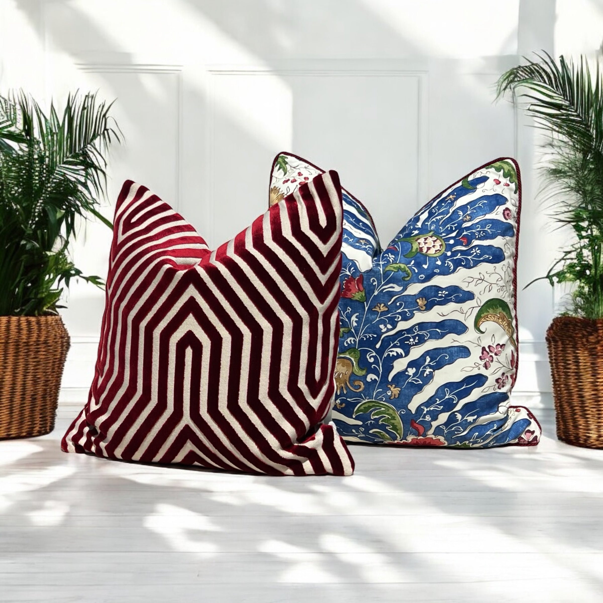 Brunschwig and Fills Riviere Pillow in Red and Blue with Red Twisted Cord Trim.