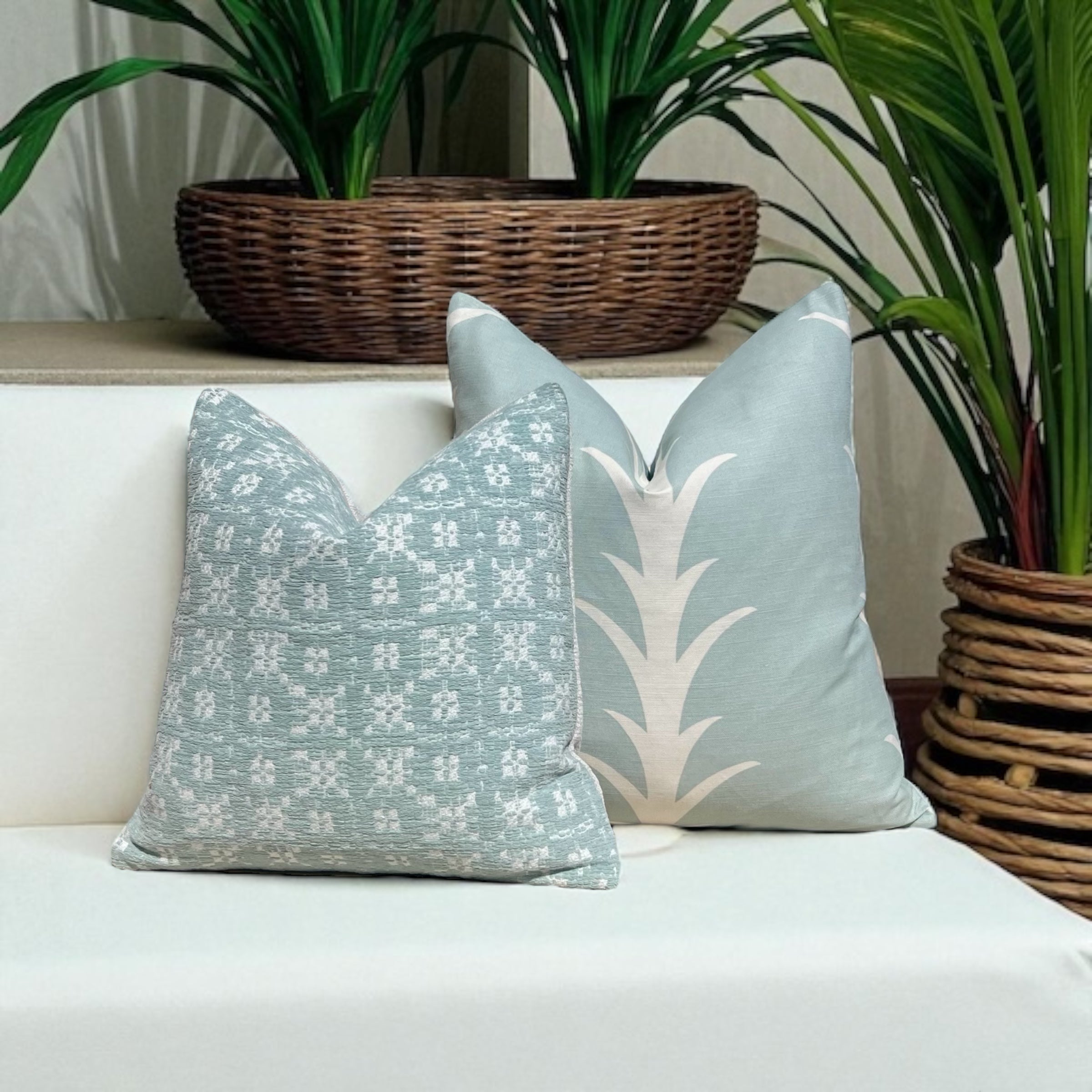 Schumacher Acanthus Stripe Pillow in Sky Blue.