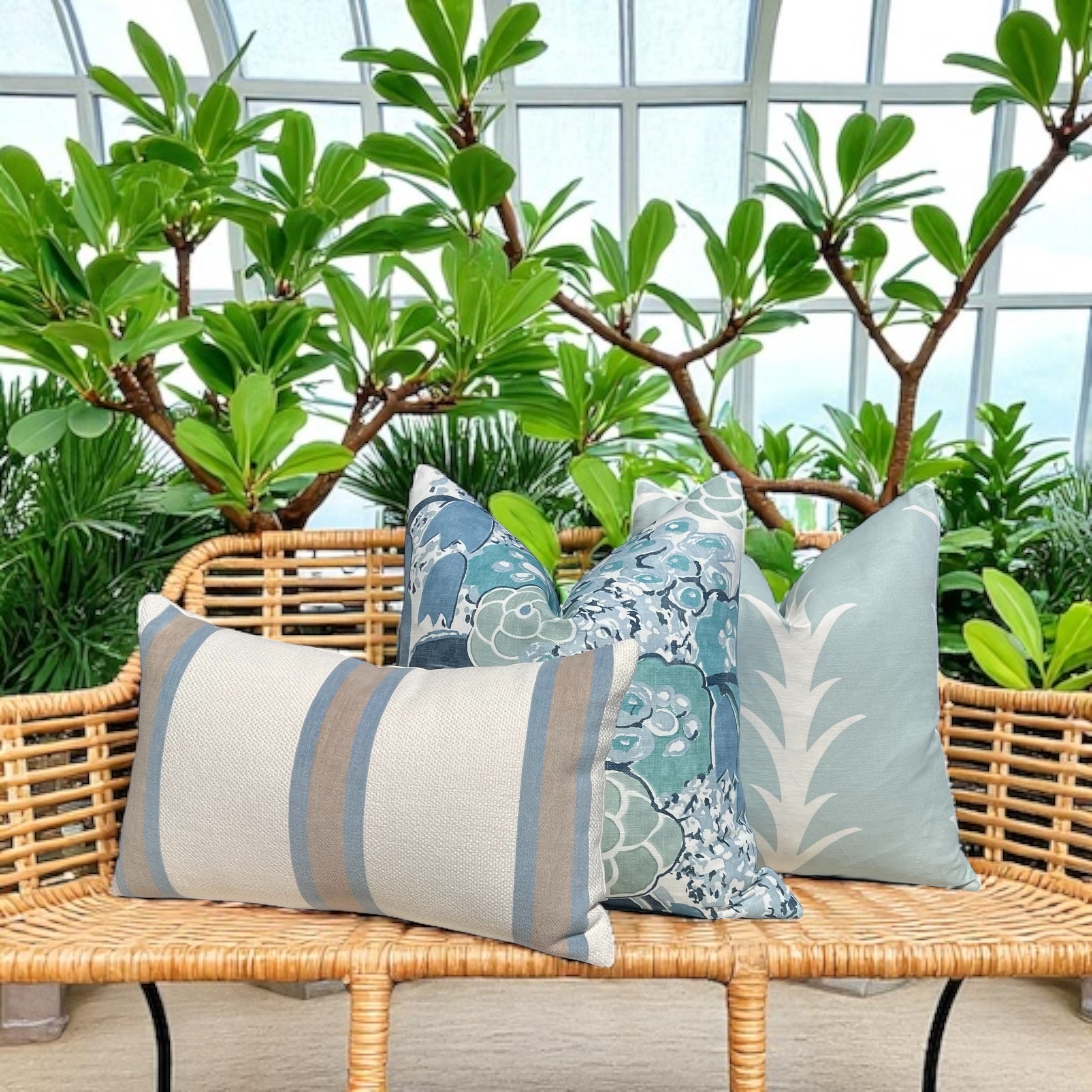 Schumacher Acanthus Stripe Pillow in Sky Blue.
