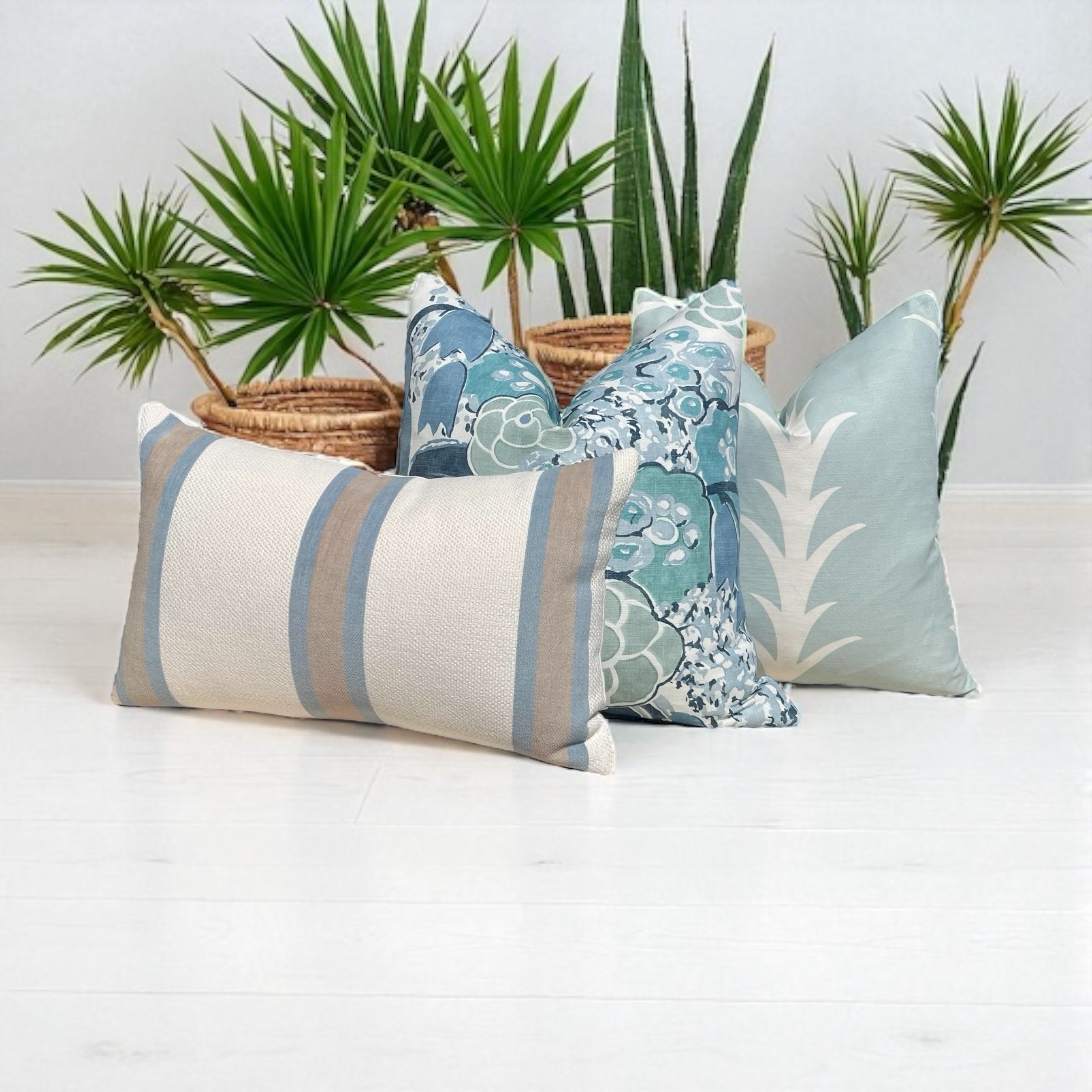 Schumacher Acanthus Stripe Pillow in Sky Blue.