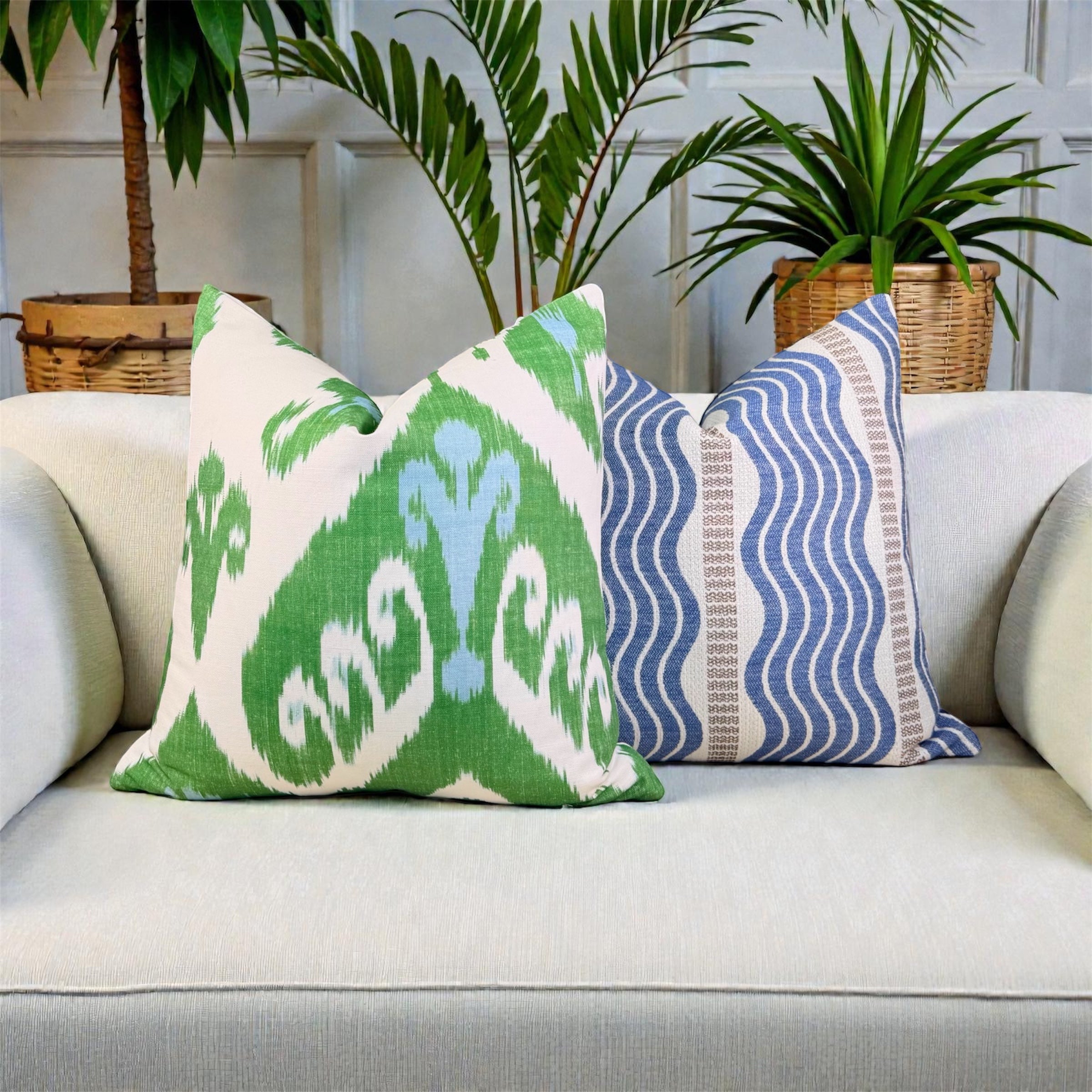 Thibaut Indies Ikat Pillow - Green, Aqua Blue