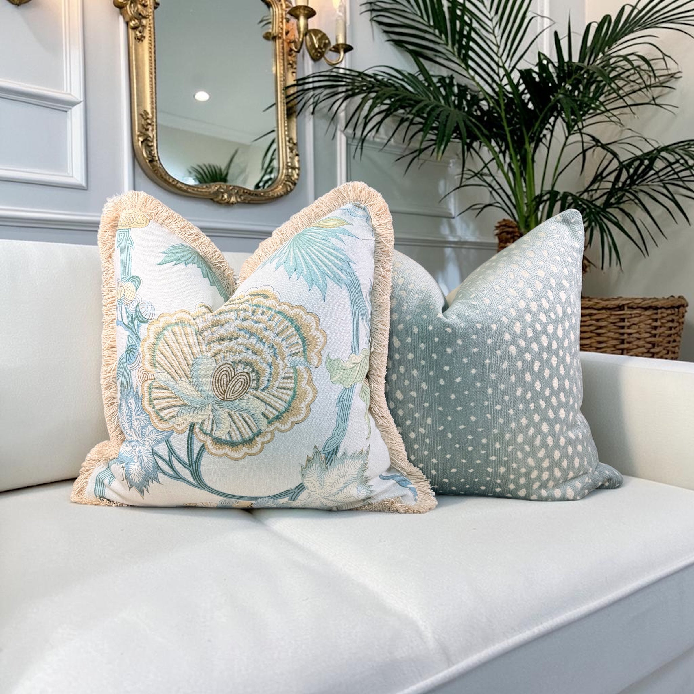 Thibaut Indienne Jacobean Linen Pillow - Sea glass, Gold.