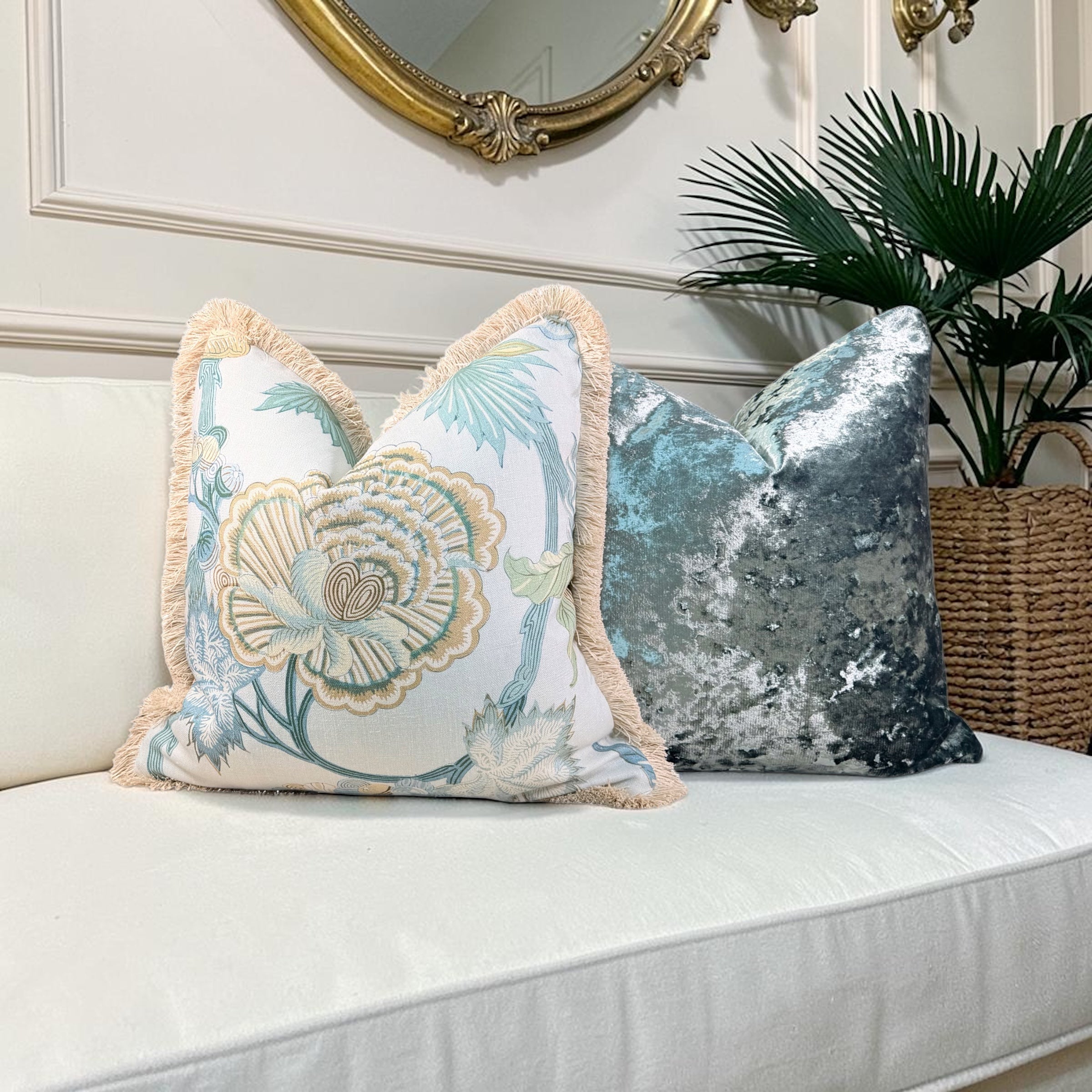 Thibaut Indienne Jacobean Linen Pillow - Sea glass, Gold.