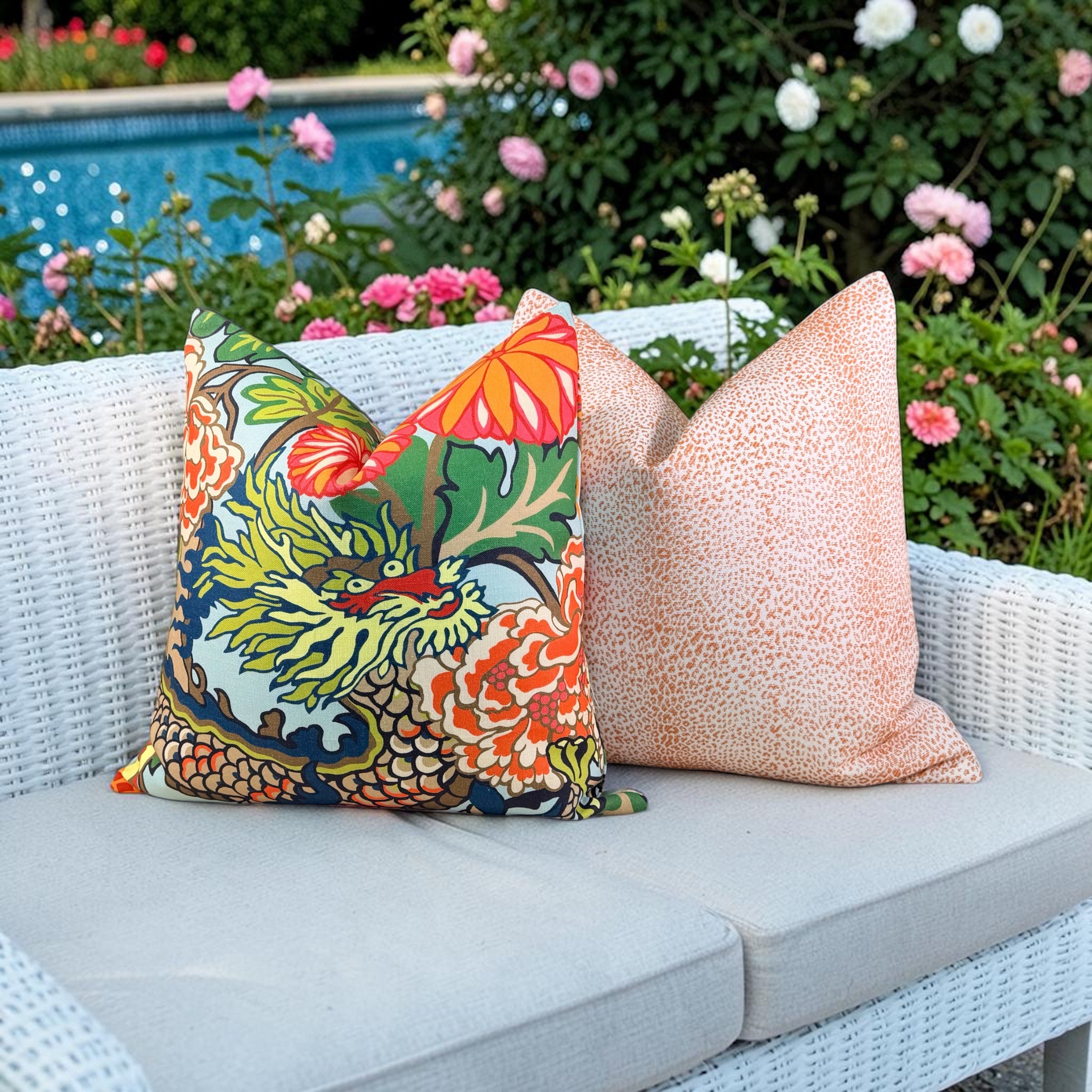 Schumacher Outdoor Chiang Mai Dragon Pillow - Aquamarine