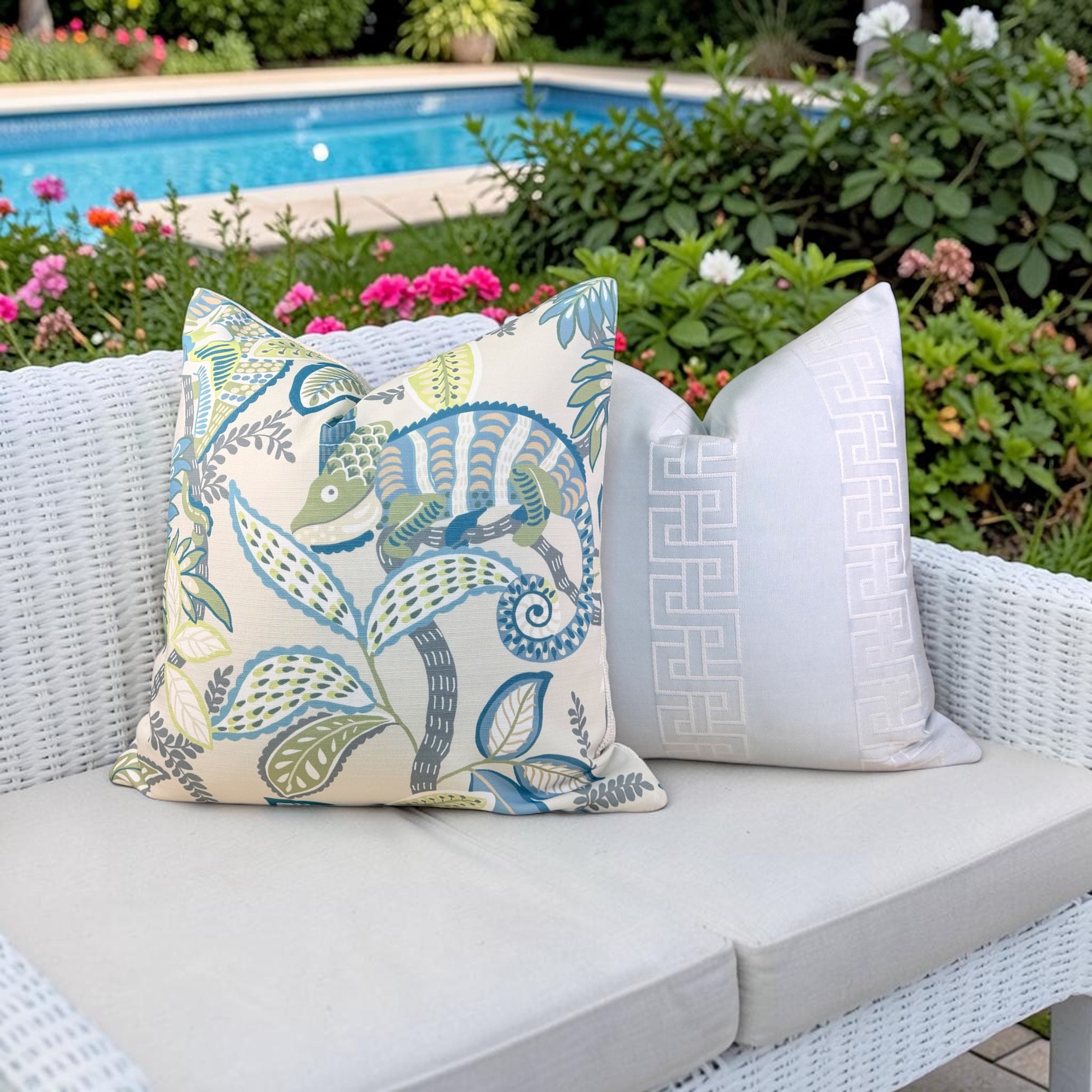 Outdoor Embroidered Greek Key Pillow - Ice Blue