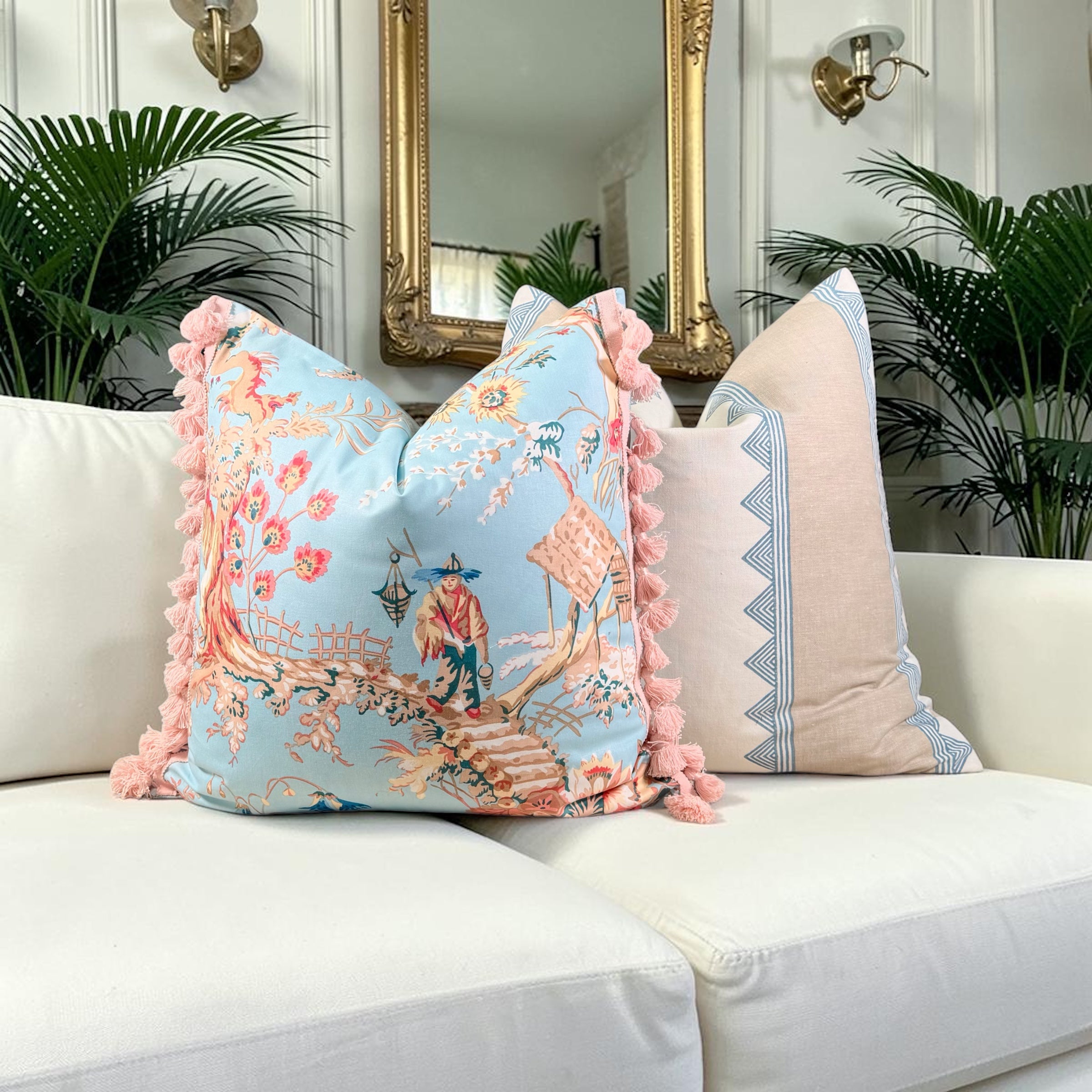 Brunschwig and Fills Chinese Landscape Cotton Pillow - Sky Blue, Pink Tassels