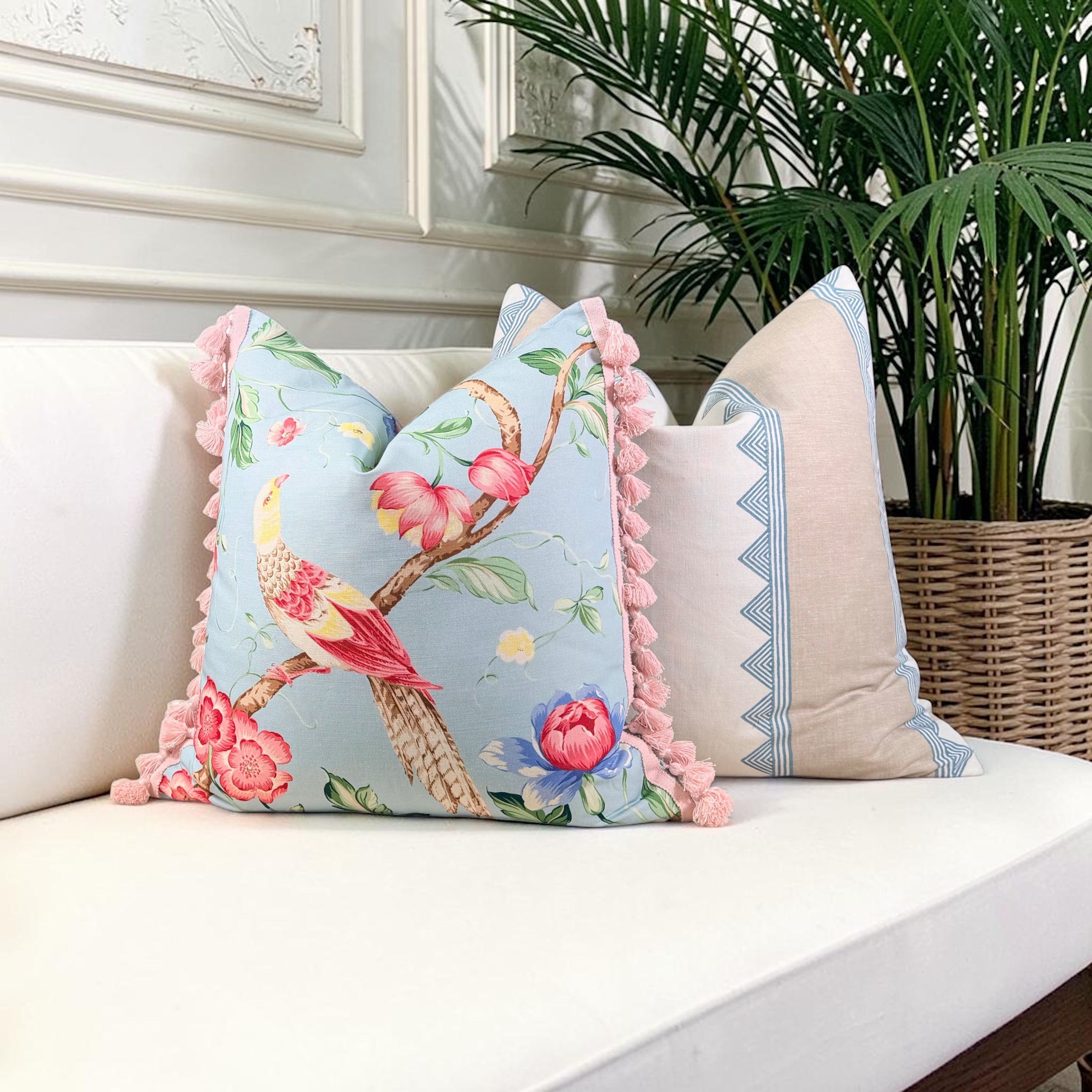 Scalamandre Orienteaux Pillow - Sky Blue, Pink Tassels