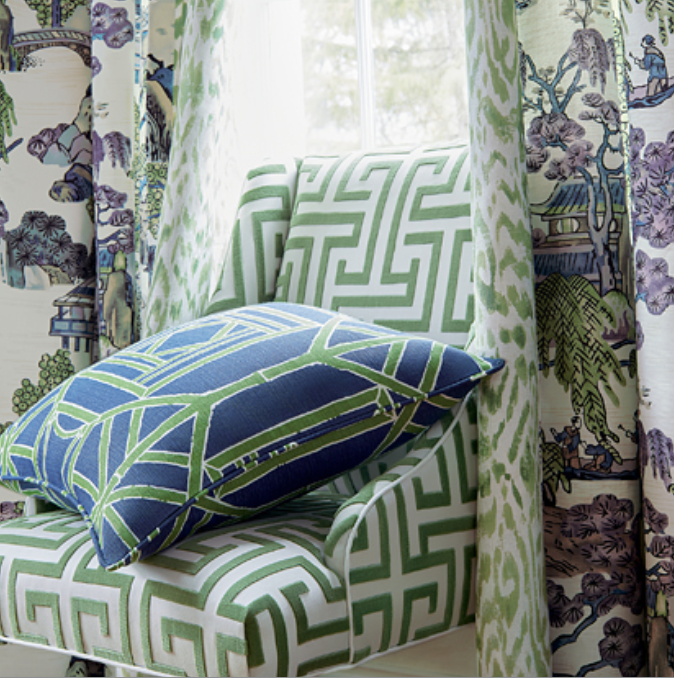 Thibaut Shoji Panel Pillow in Navy Blue and Green.