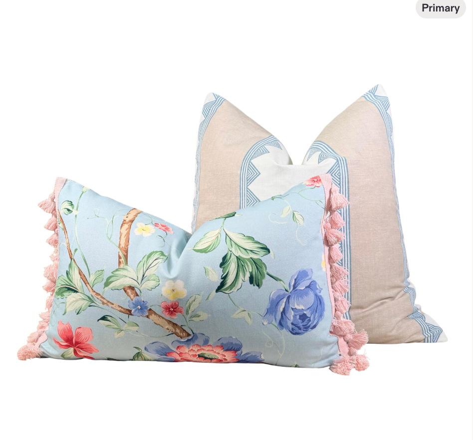 Sale!!!!!! Price is for 2 - 14"X22" Ready to Ship Scalamandre Orienteaux Pillow - Sky Blue, Rose, Pink Tassels