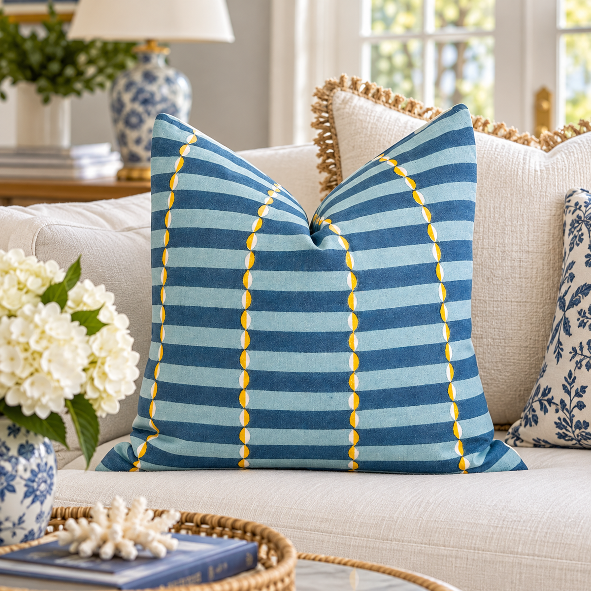 Molly Mahon Luna Linen Pillow – Teal & Yellow