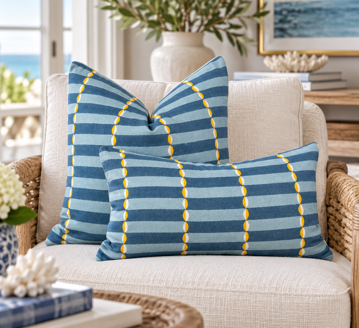 Molly Mahon Luna Linen Pillow – Teal & Yellow
