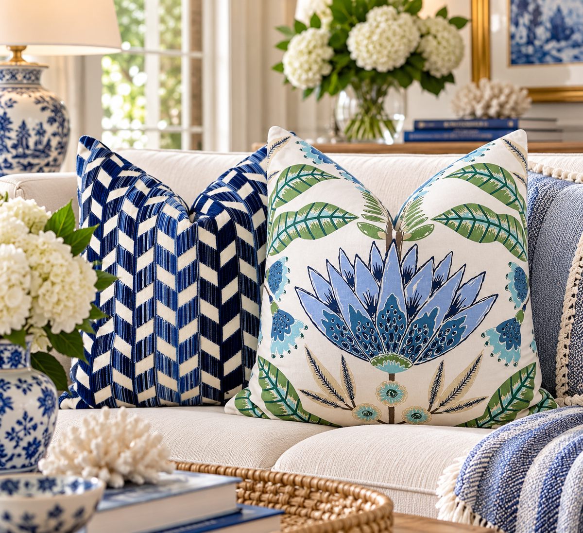 Schumacher Chevron Strié Velvet Pillow - Blue
