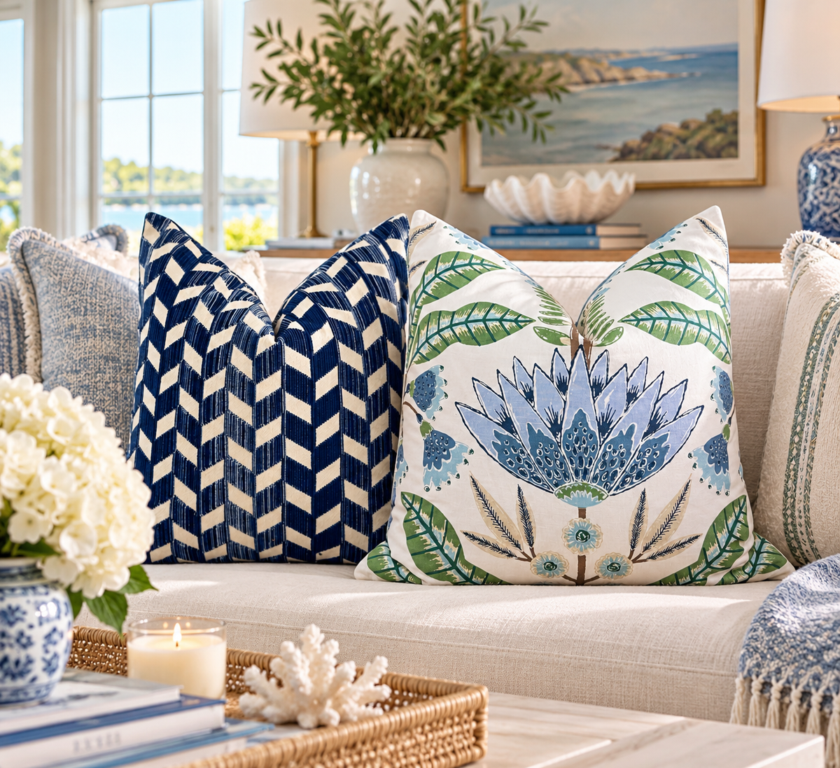 Thibaut Lotus Pillow  -  Blue, Green