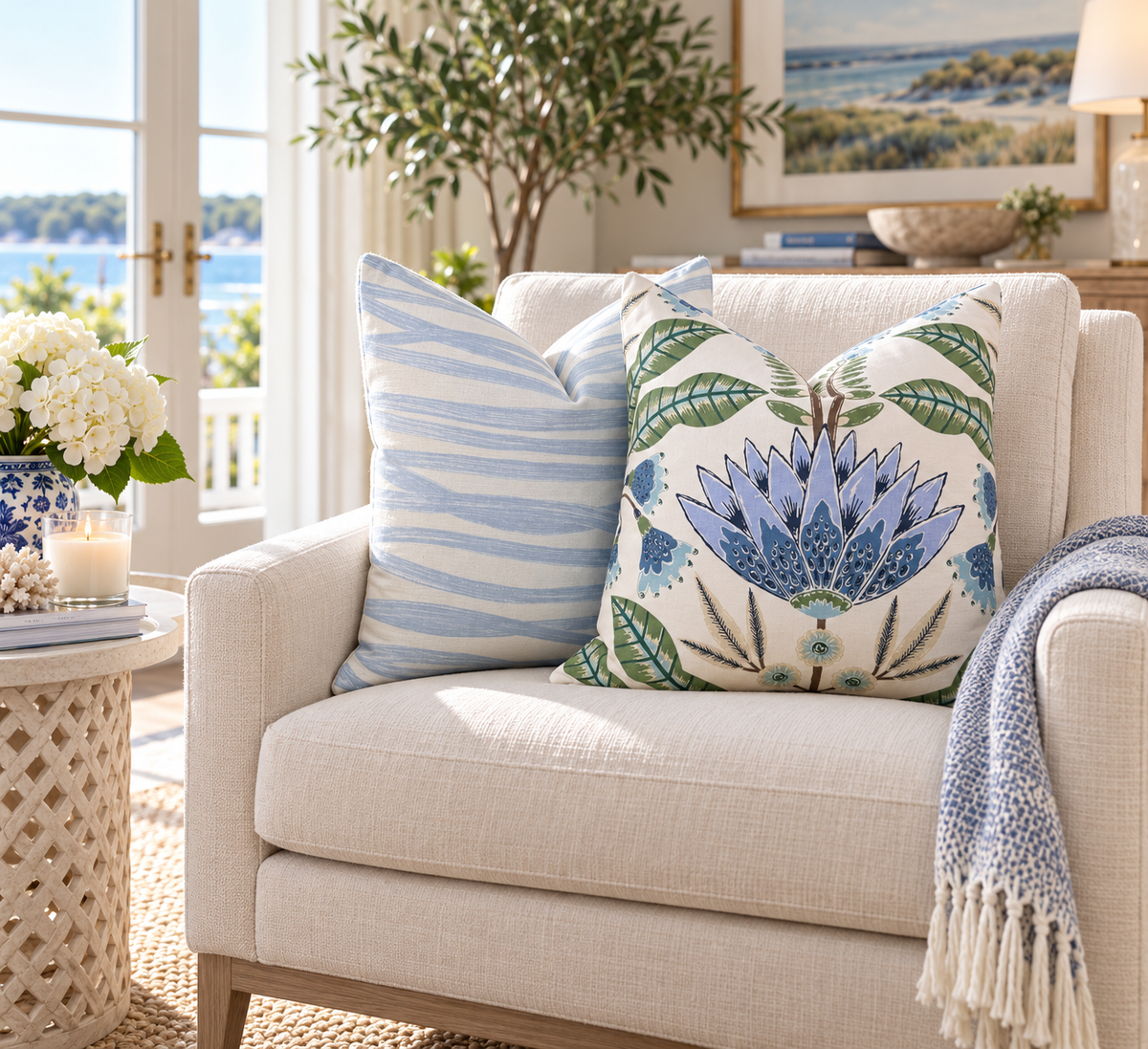 Thibaut Lotus Pillow  -  Blue, Green