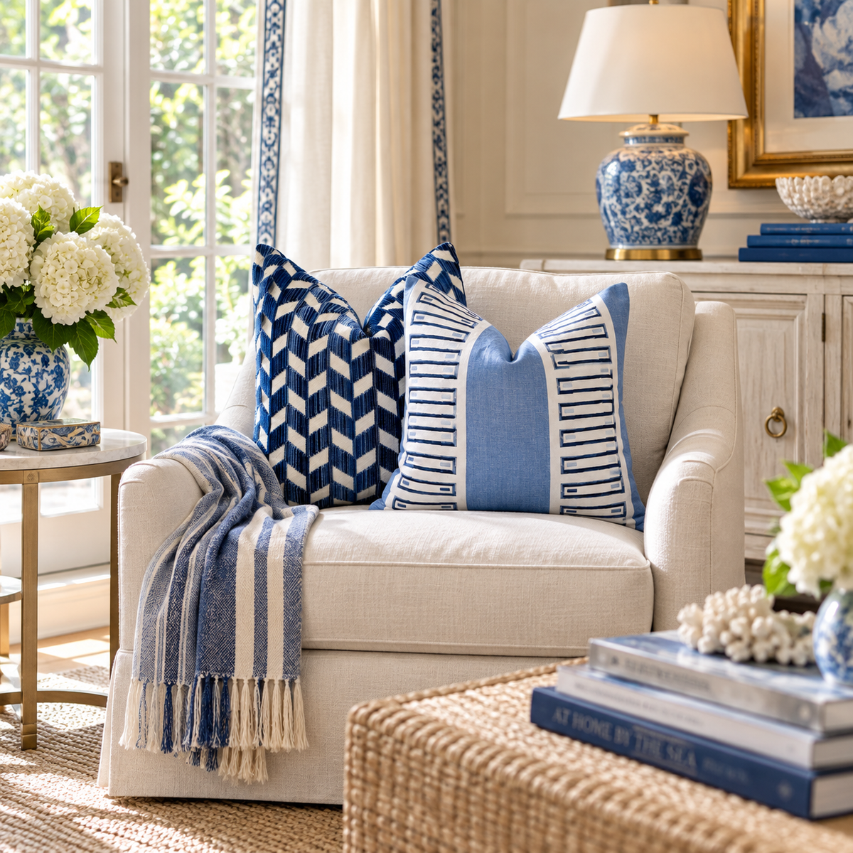 Schumacher Chevron Strié Velvet Pillow - Blue