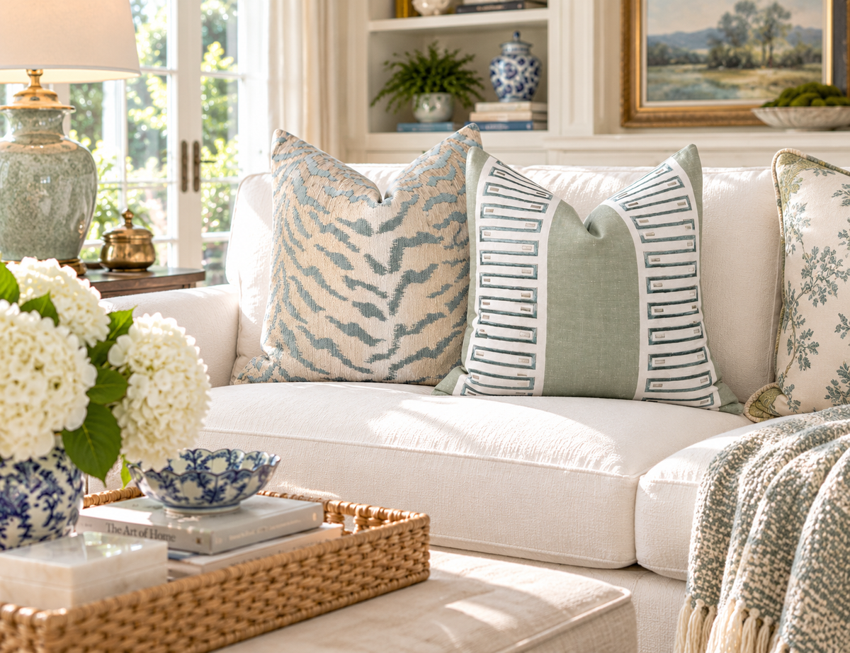 Tiger Stripes Woven Pillow -  Aqua Green, Beige