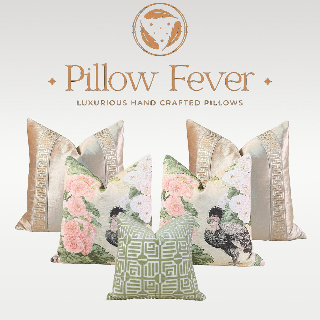 Designer Velvet Pillow - Luminous Warm Gold, Greek Key Trim