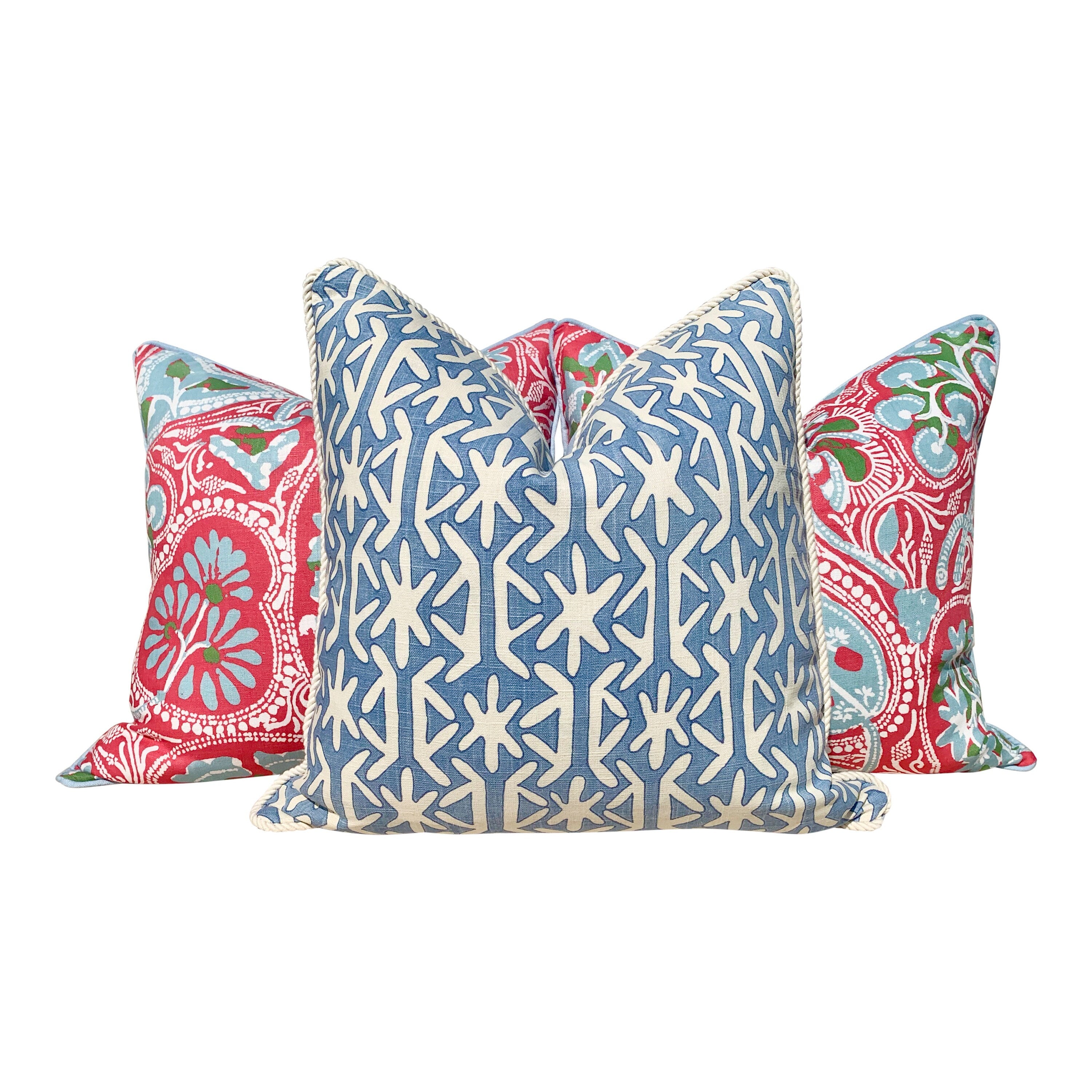 Thibaut Cochin Linen Pillow Features Floral Design in Fuchsia, Pink, Light Blue, Green.
