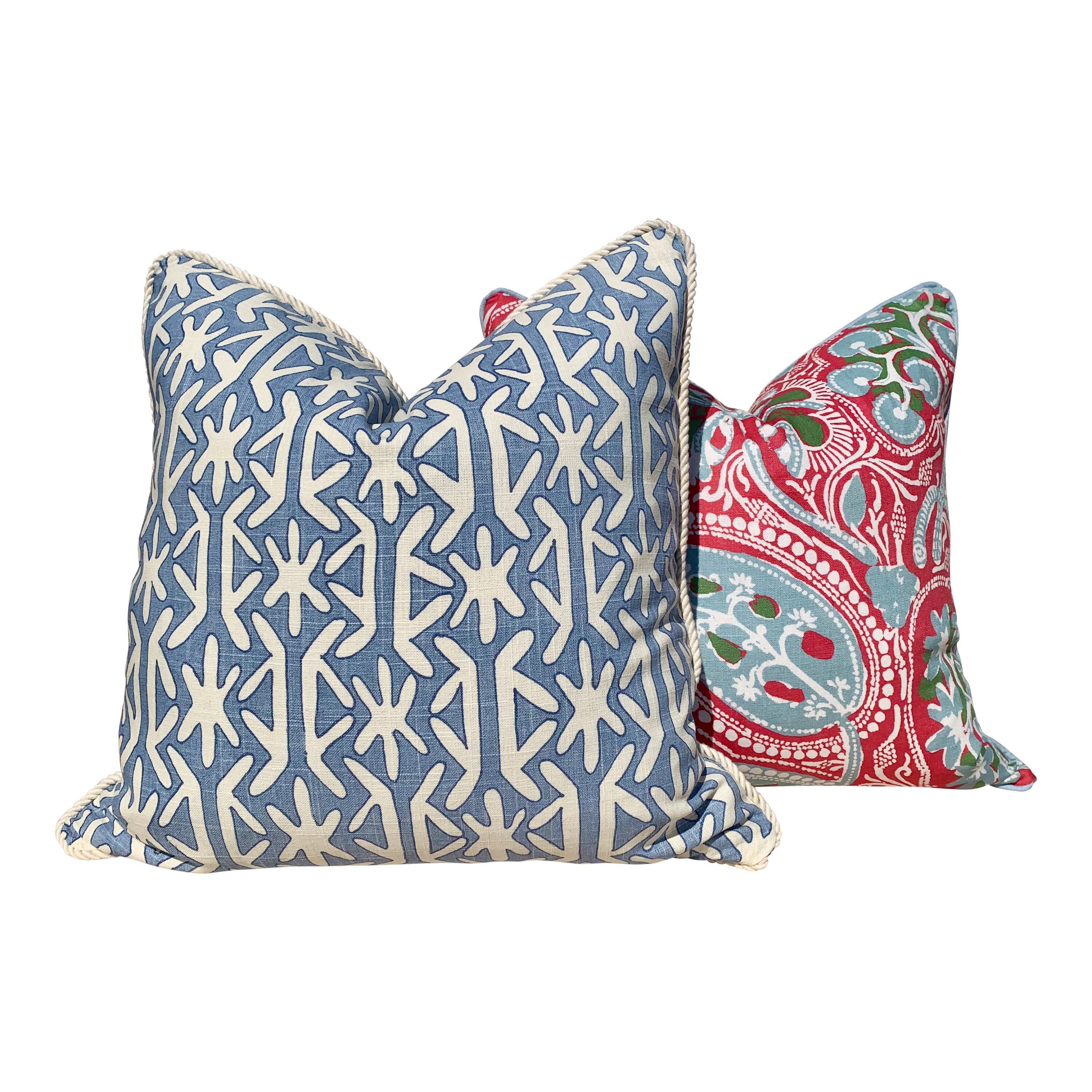 Thibaut Cochin Linen Pillow Features Floral Design in Fuchsia, Pink, Light Blue, Green.