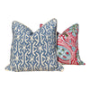 Thibaut Cochin Linen Pillow Features Floral Design in Fuchsia, Pink, Light Blue, Green.